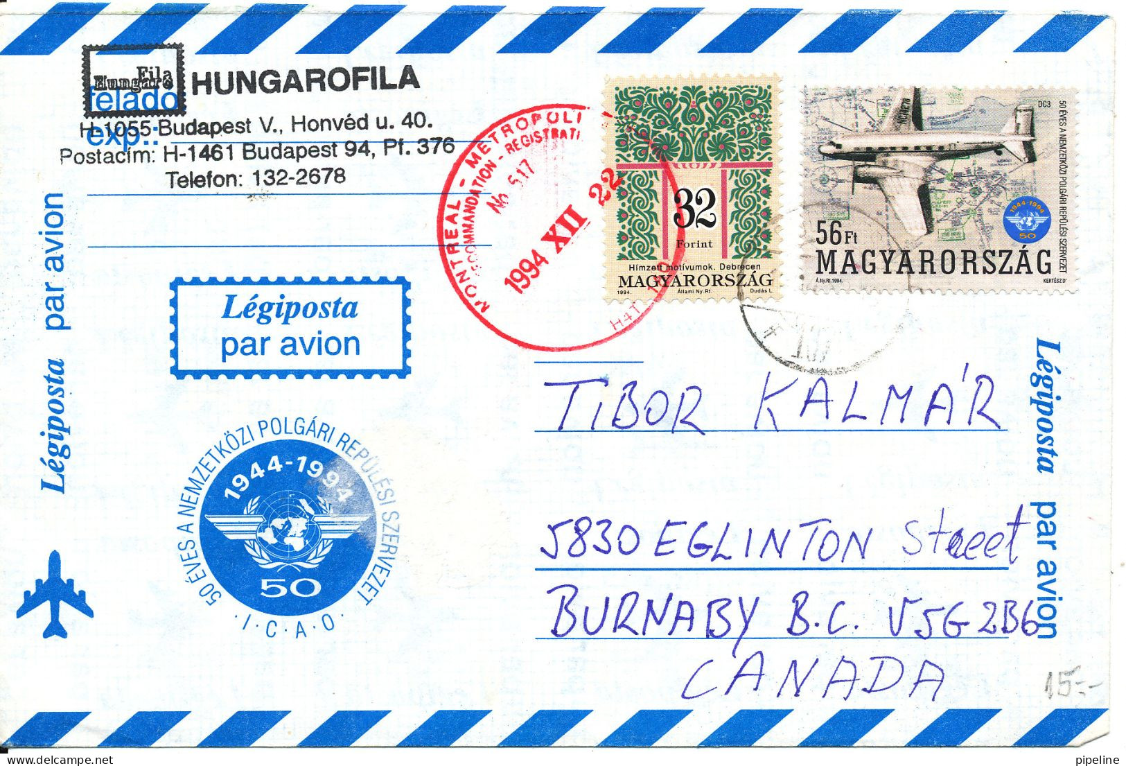 Hungary Air Mail Cover Sent To Canada 22-12-1994 - Brieven En Documenten