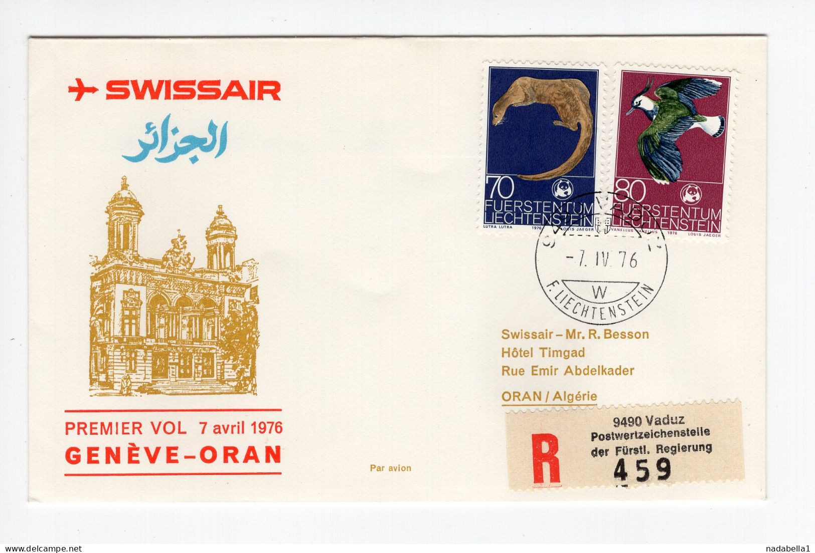 1976. LIECHTENSTEIN,VADUZ RECORDED AIRMAIL TO ORAN,FIRST SWISSAIR FLIGHT GENEVA - ORAN,ALGERIA - Poste Aérienne