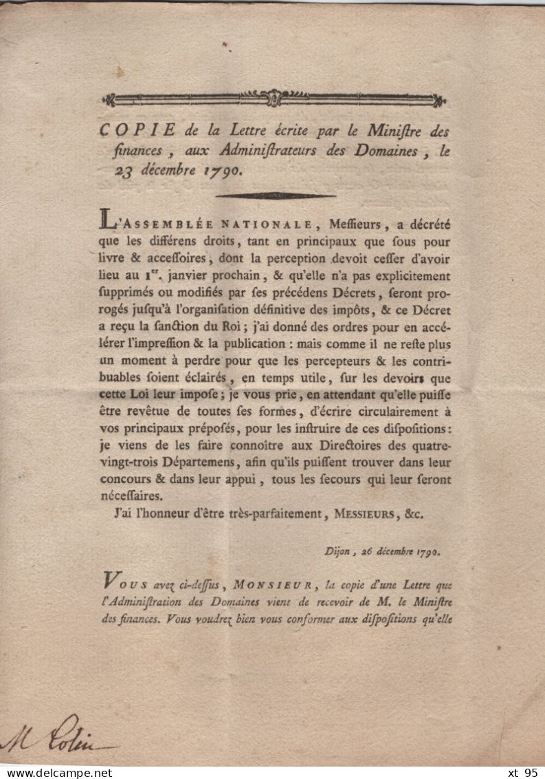 Dijon - 1790 - Cote D'Or - Copie De La Lettre Ecrite Par Le Ministre Des Finances - ....-1700: Vorläufer