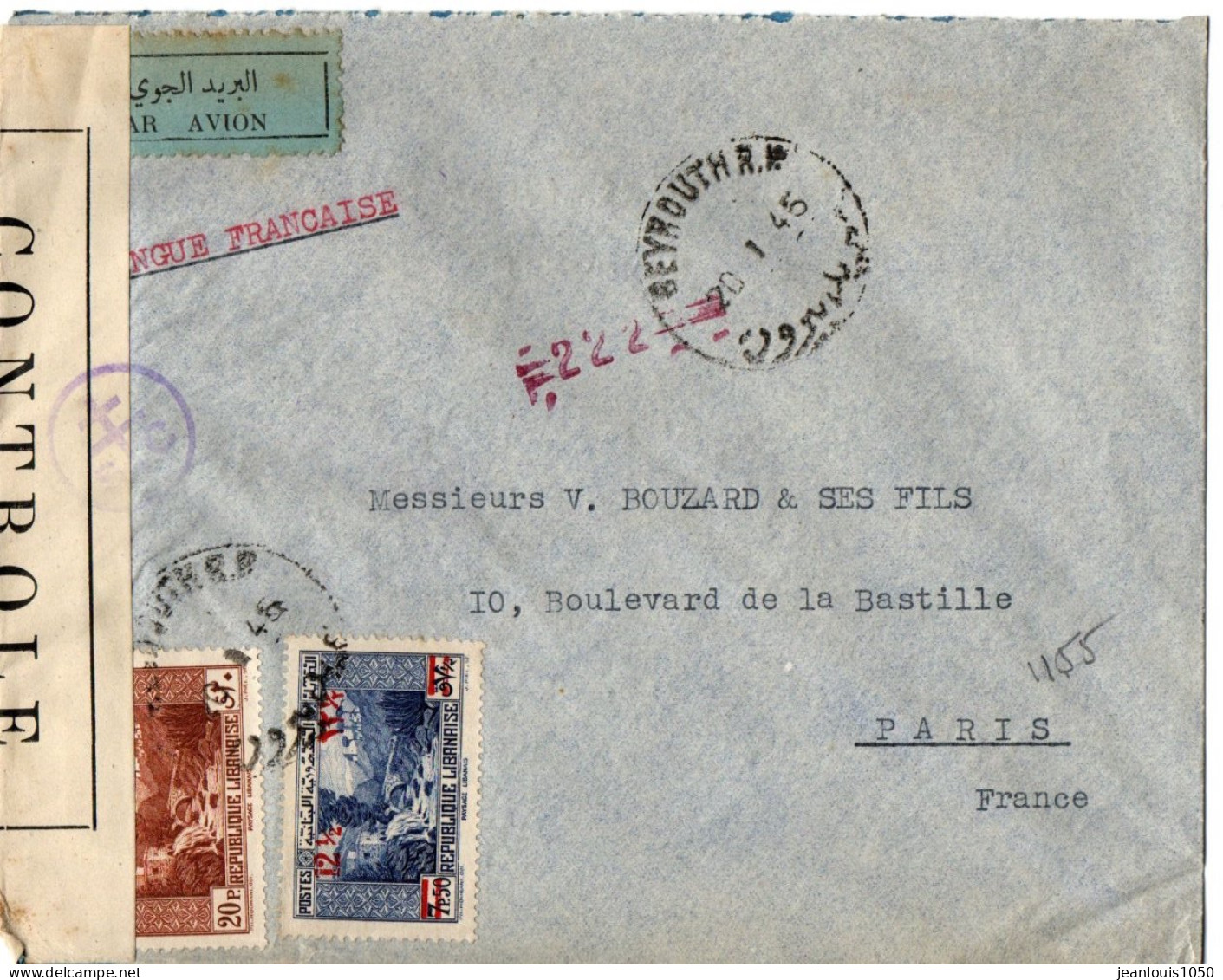 LIBAN AFFRANCHISSEMENT COMBINE SUR LETTRE EN POSTE AERIENNE OBLITERE 1 1945 POUR LA FRANCE CENSURE - Briefe U. Dokumente