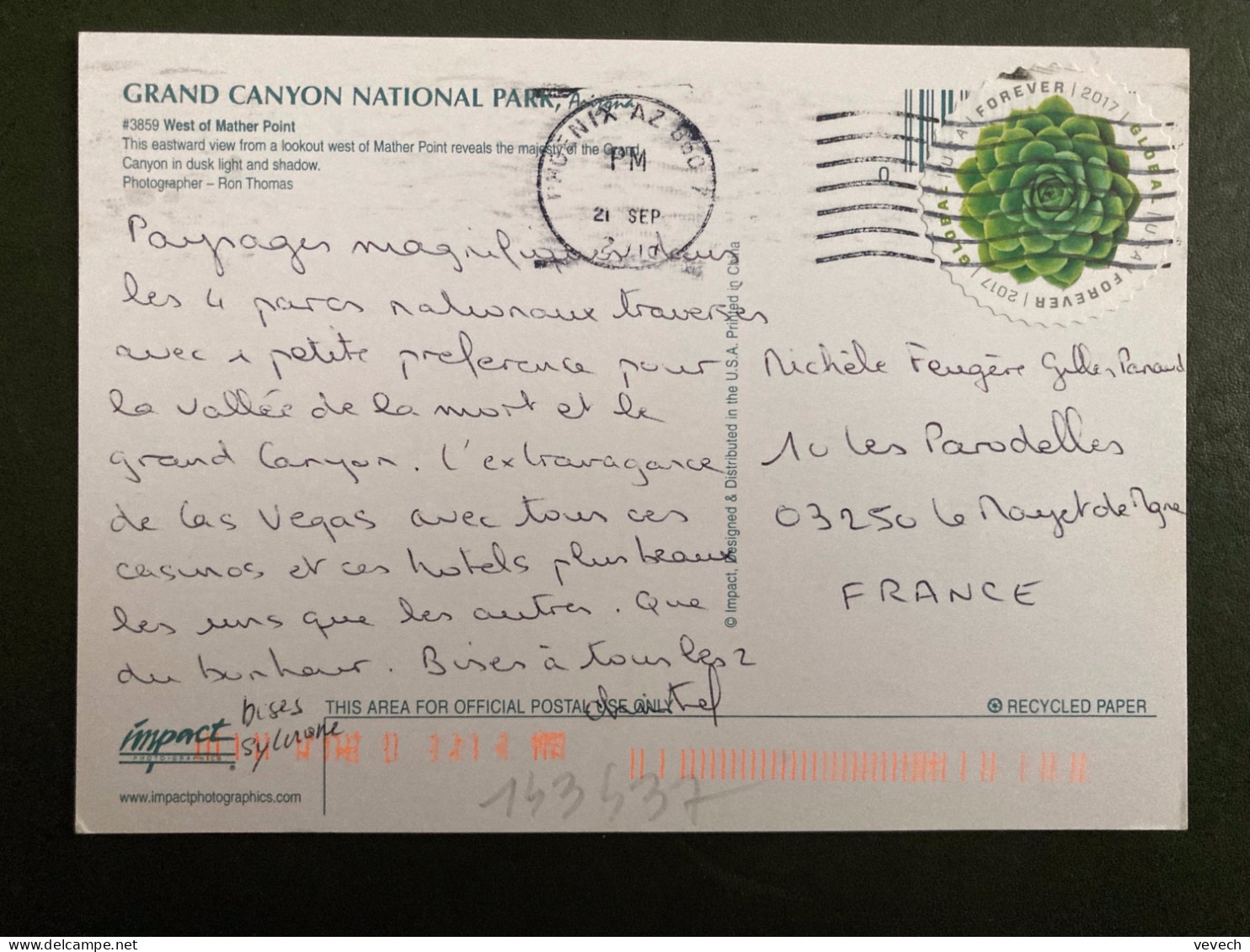 CP Pour La FRANCE TP FOREVER 2017 GLOBAL OBL.MEC.21 SEP 2010 PHOENIX - Storia Postale