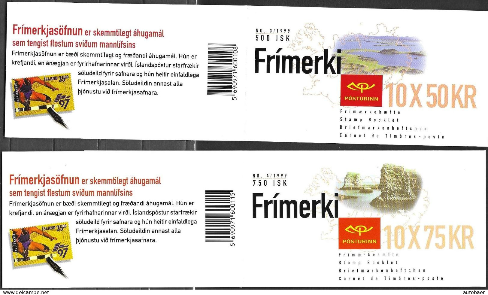 Iceland Island Islande 1999 Europa Cept Michel 913-14 2 Booklets Carnets ** MNH Postfrisch Neuf - 1999