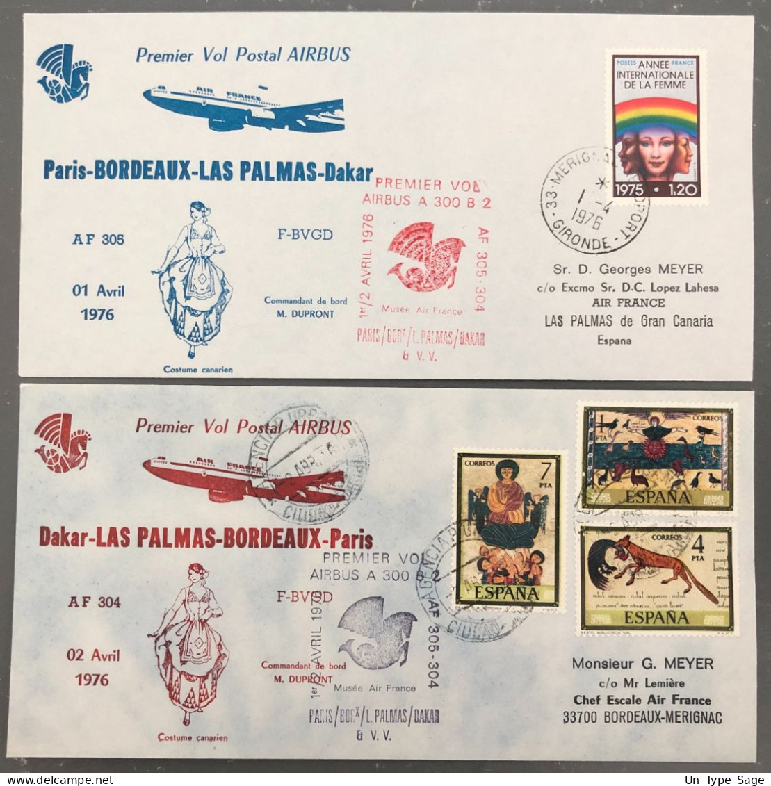 France, Premier Vol (Air France) Paris, Bordeaux, Las Palmas, Dakar 2.4.1976 - 2 Enveloppes - (B1510) - Eerste Vluchten