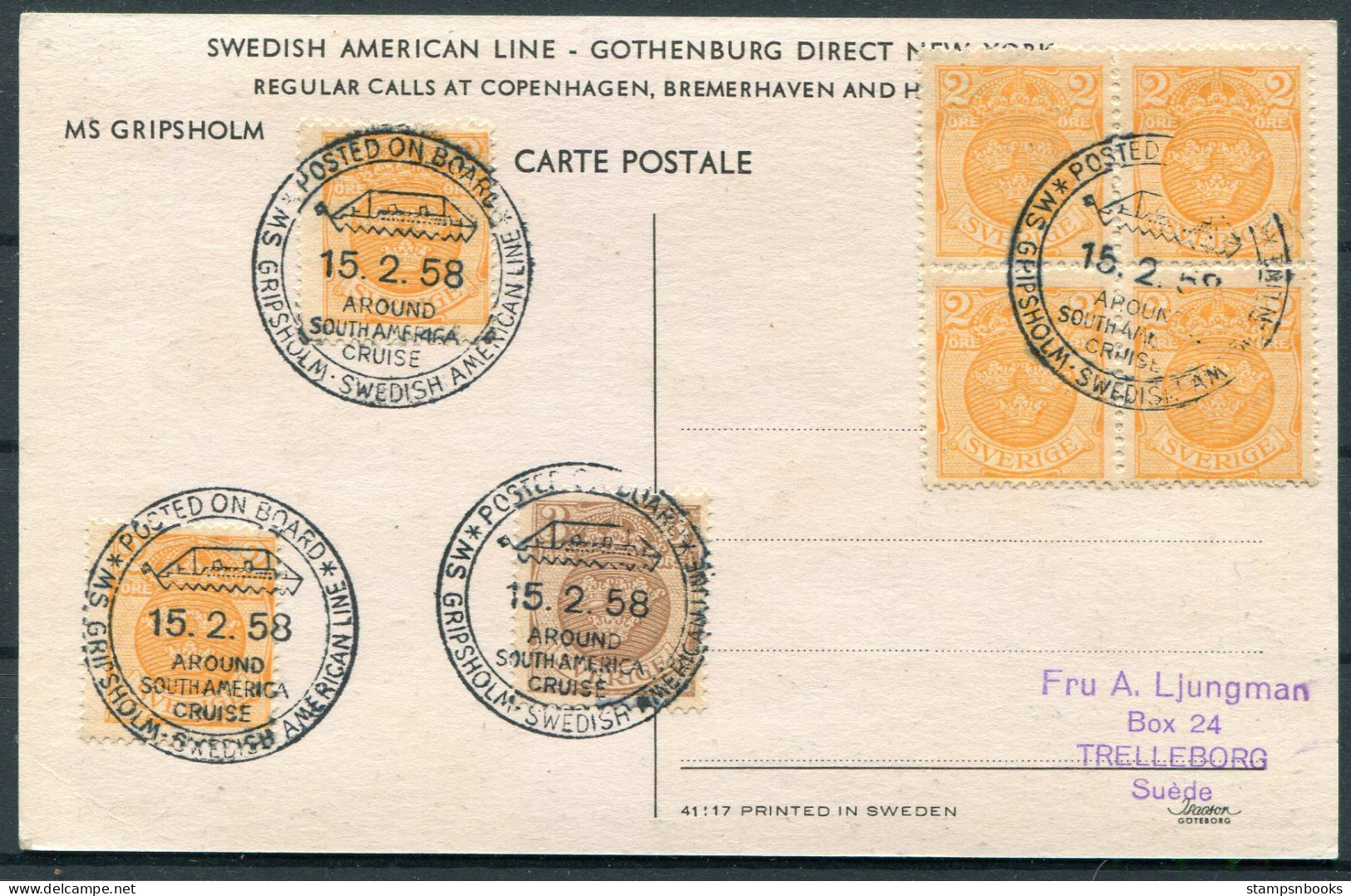 1958 Sweden Swedish American Line Postcard MS GRIPSHOLM "Around South America Cruise" - Lettres & Documents