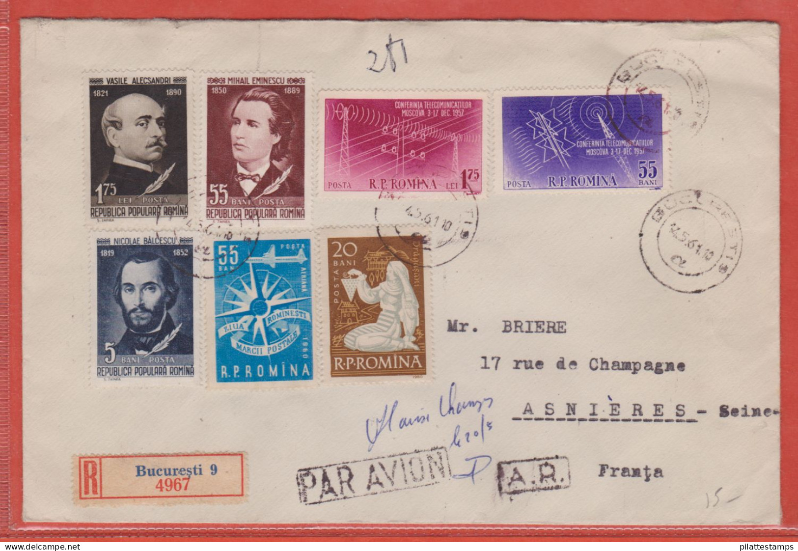 ROUMANIE LETTRE RECOMMANDEE DE 1961 DE BUCAREST POUR ASNIERES FRANCE - Marcofilie