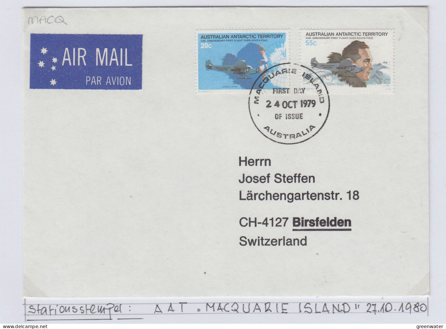 AAT 1979 50th Ann. First Flight Over Southpole 2v FDC Ca Macquarie Island (AS157A) - FDC