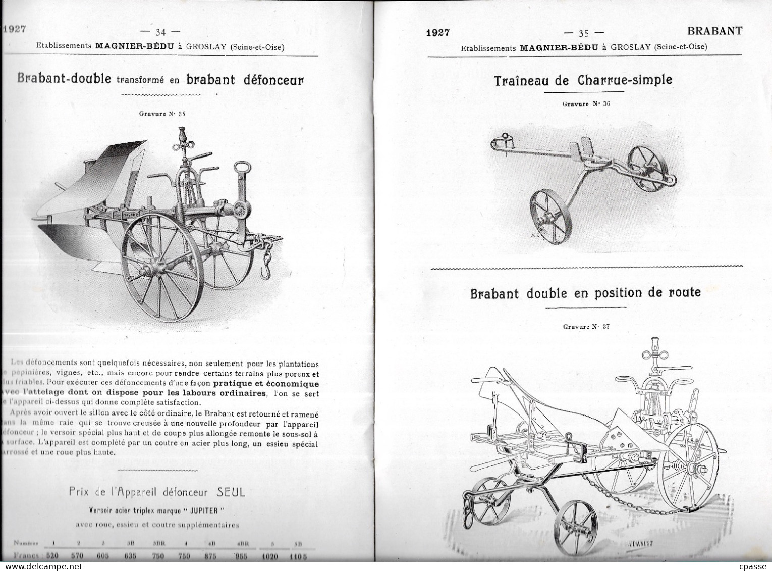 Extrait Catalogue Agricole MAGNIER-BEDU 95 GROSLAY - CHARRUES BRABANTS ** Agriculture Charrue