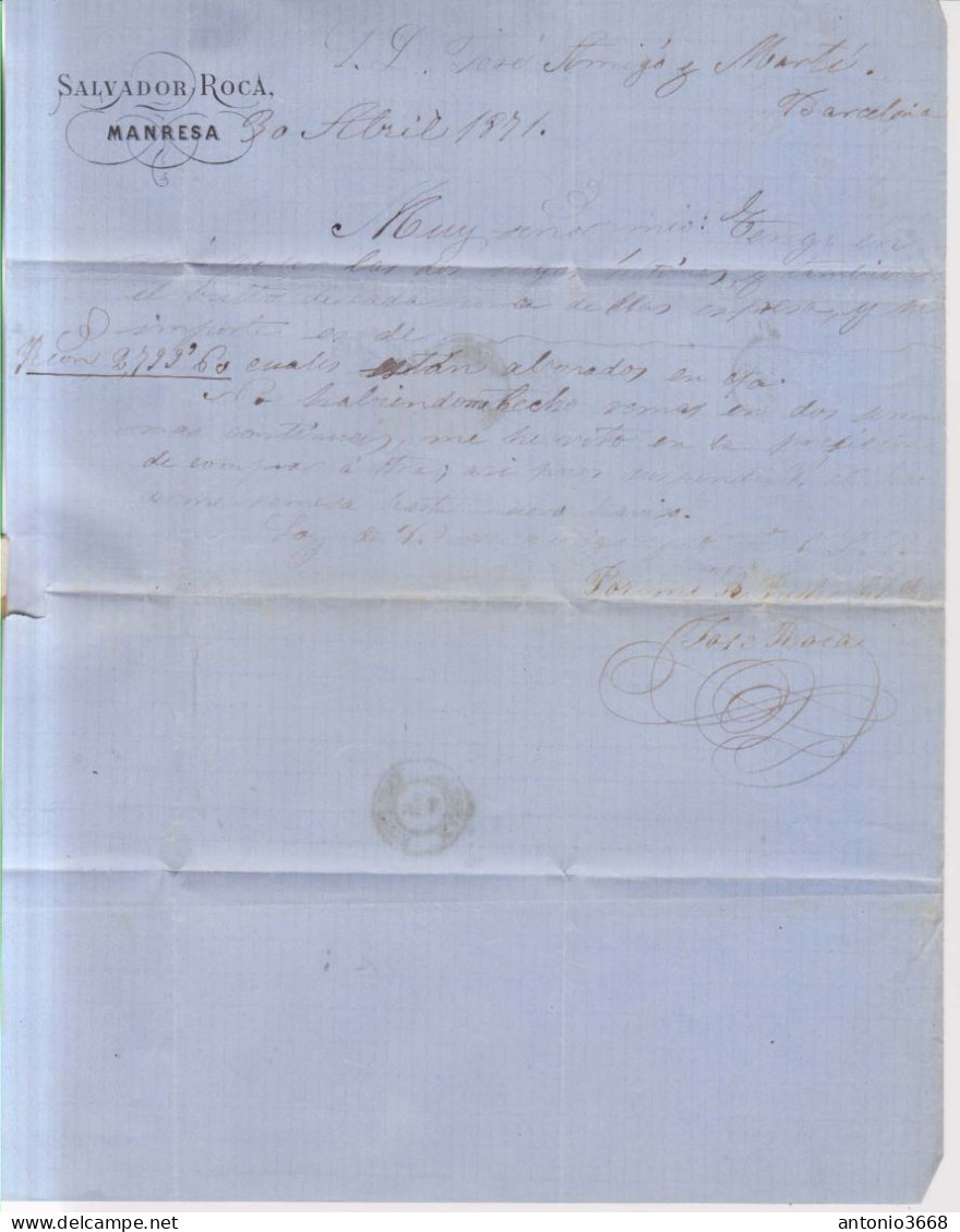 Año 1870 Edifil 107 50m Sellos Efigie Carta  Matasellos   Manresa Barcelona Membrete Salvador Roca - Lettres & Documents