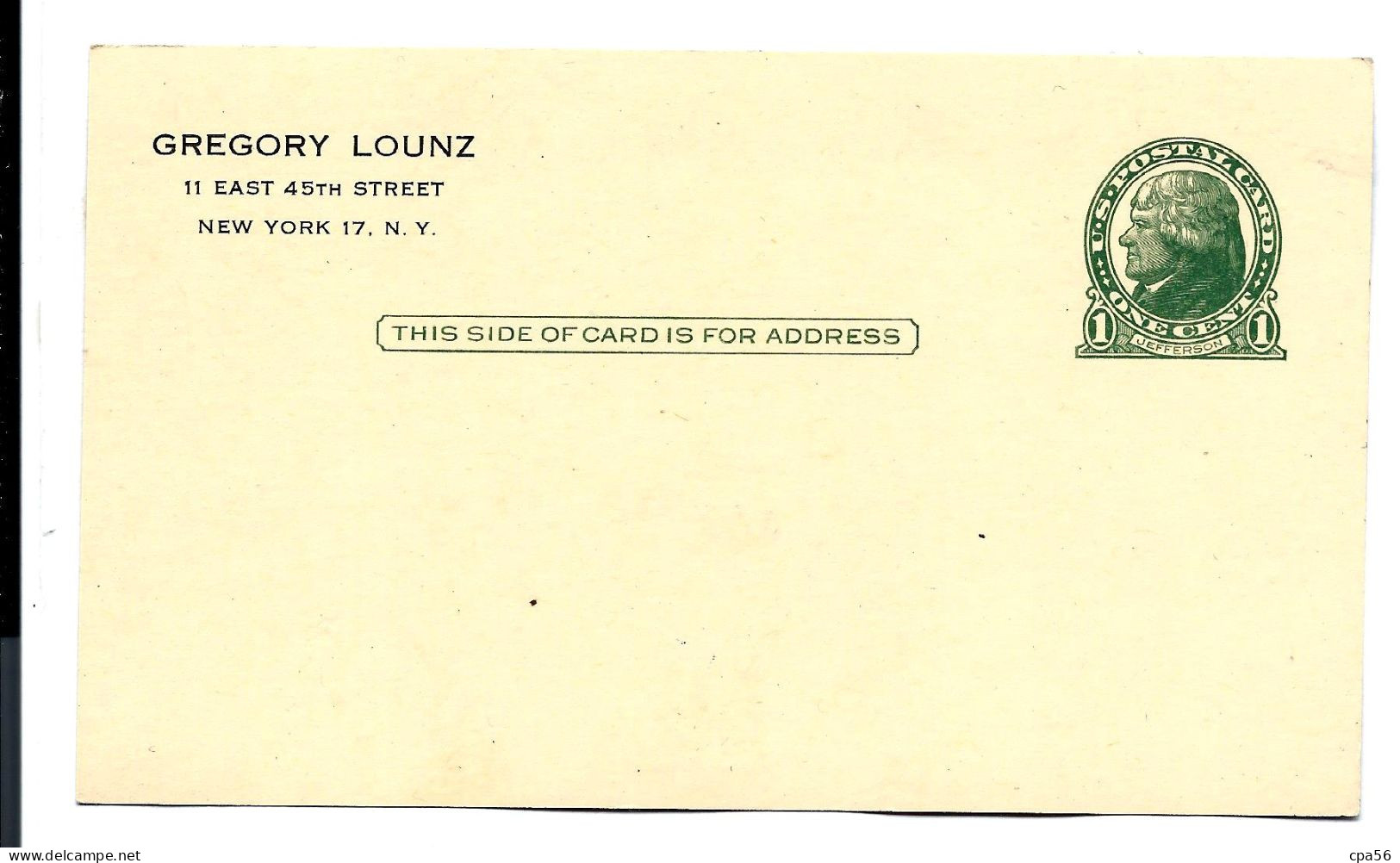 Card ENTIER POSTAL 1 CENT - Repiquage Gregory LOUNZ - N.Y. - 1901-20