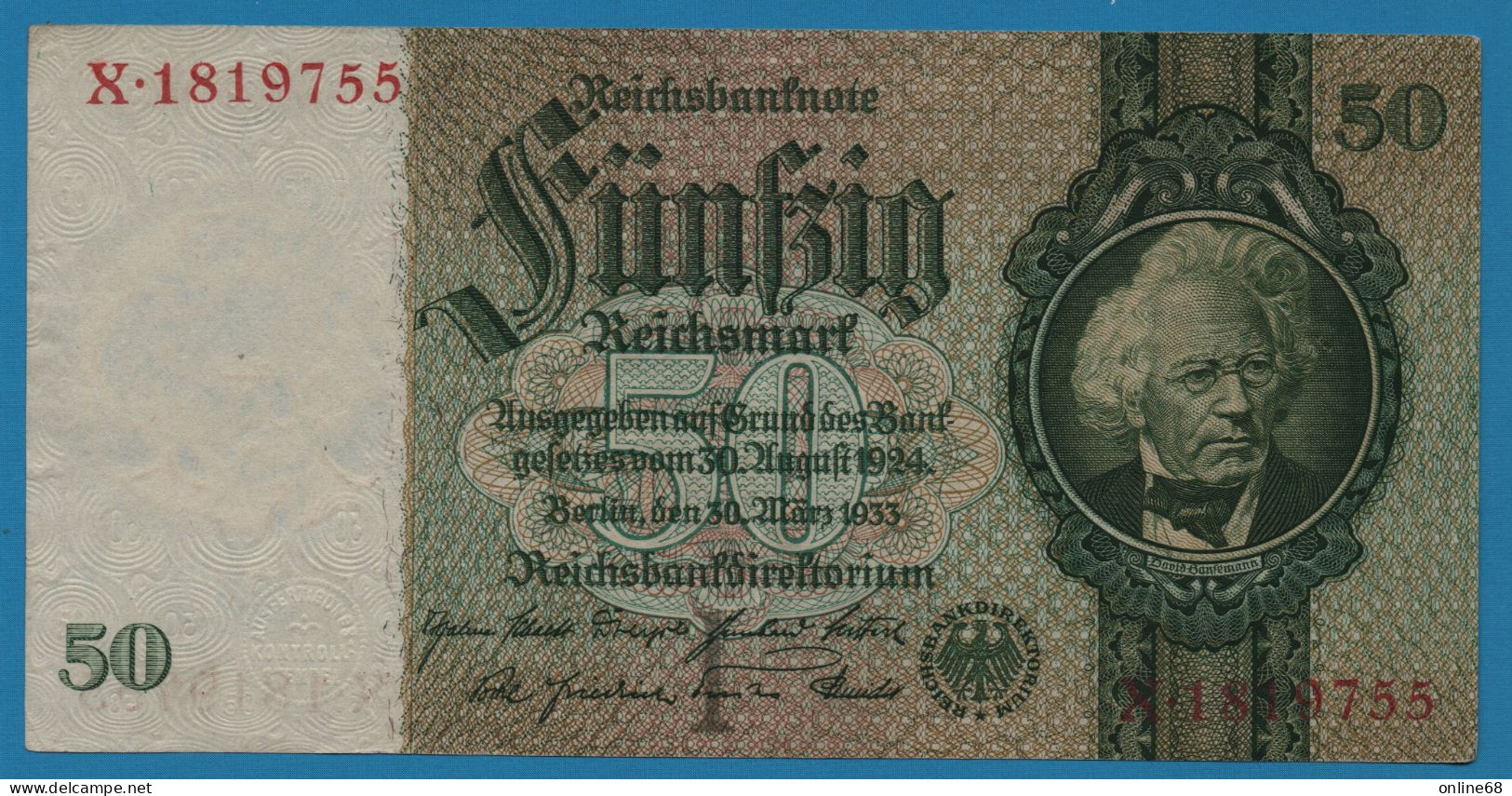 DEUTSCHES REICH 50 REICHSMARK 30.03.1933 LETTER I # X.1819755 P# 182a  David Hansemann - 50 Reichsmark