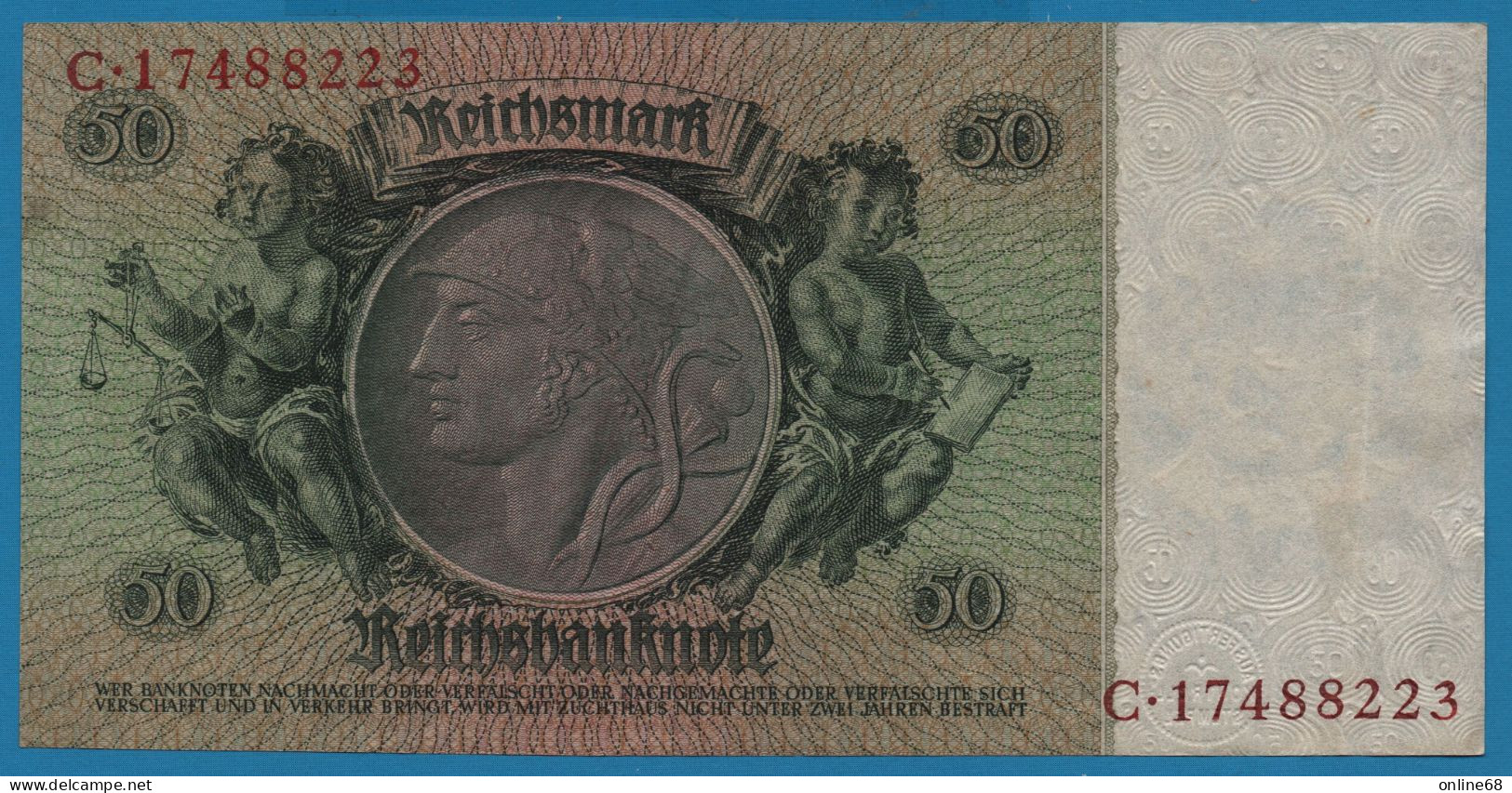 DEUTSCHES REICH 50 REICHSMARK 30.03.1933 LETTER K # C.17488223 P# 182a  David Hansemann - 50 Reichsmark