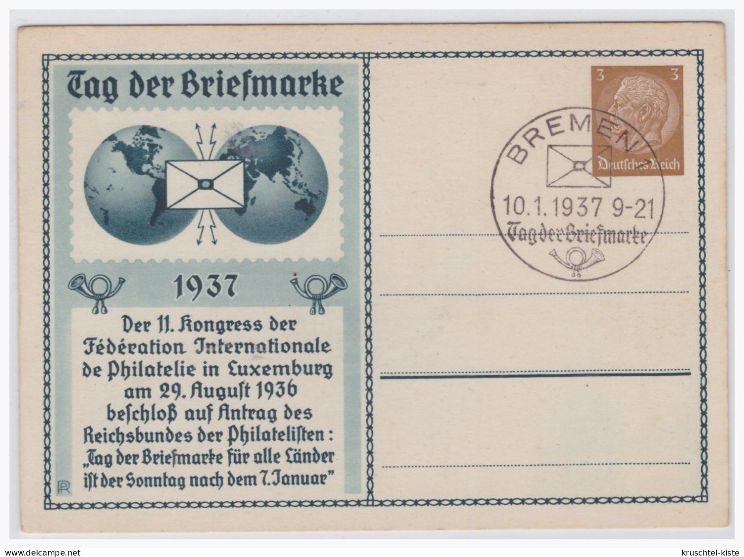 Dt.- Reich (001100) Privatganzsache PP122/ C35/02 Tag Der Briefmarke 1937, Blanco Gestempelt Bremen Am 10.1.1937 - Private Postal Stationery