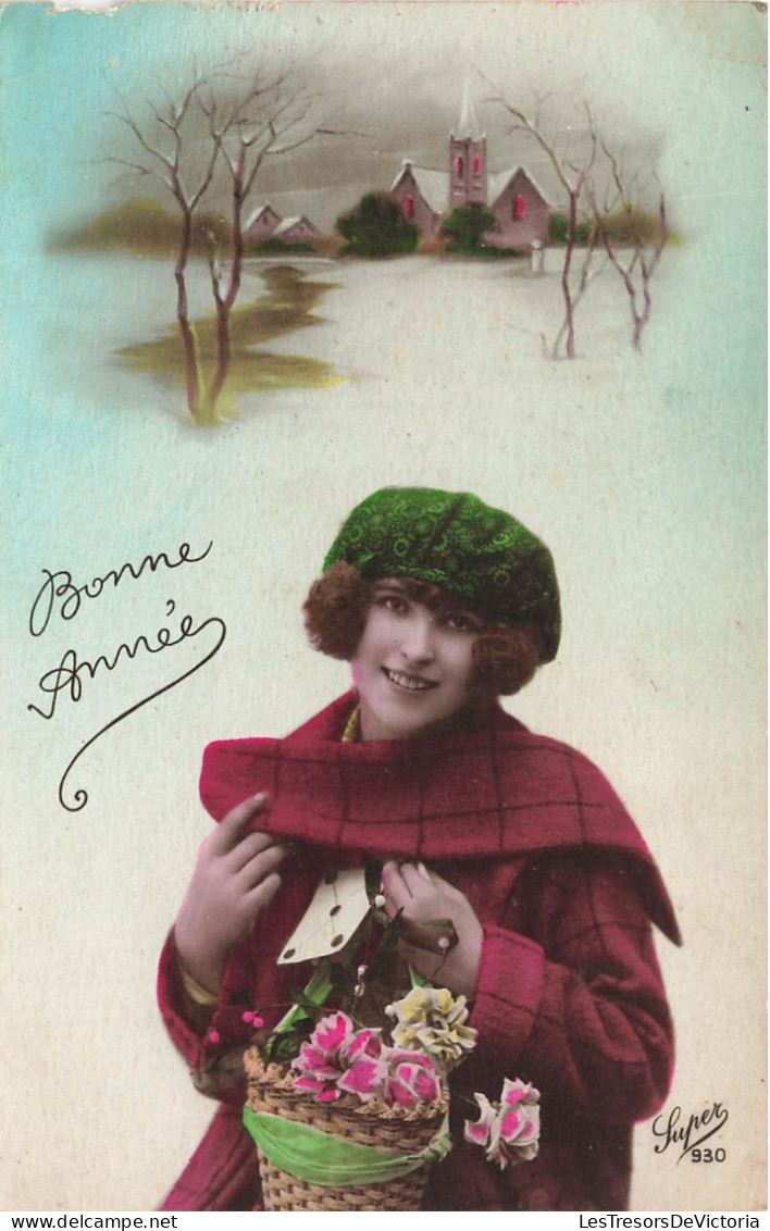 FANTAISIE - Femme - Bonne Année - Panier De Fleurs Dans Les Bras D'une Femme - Carte Postale Ancienne - Frauen