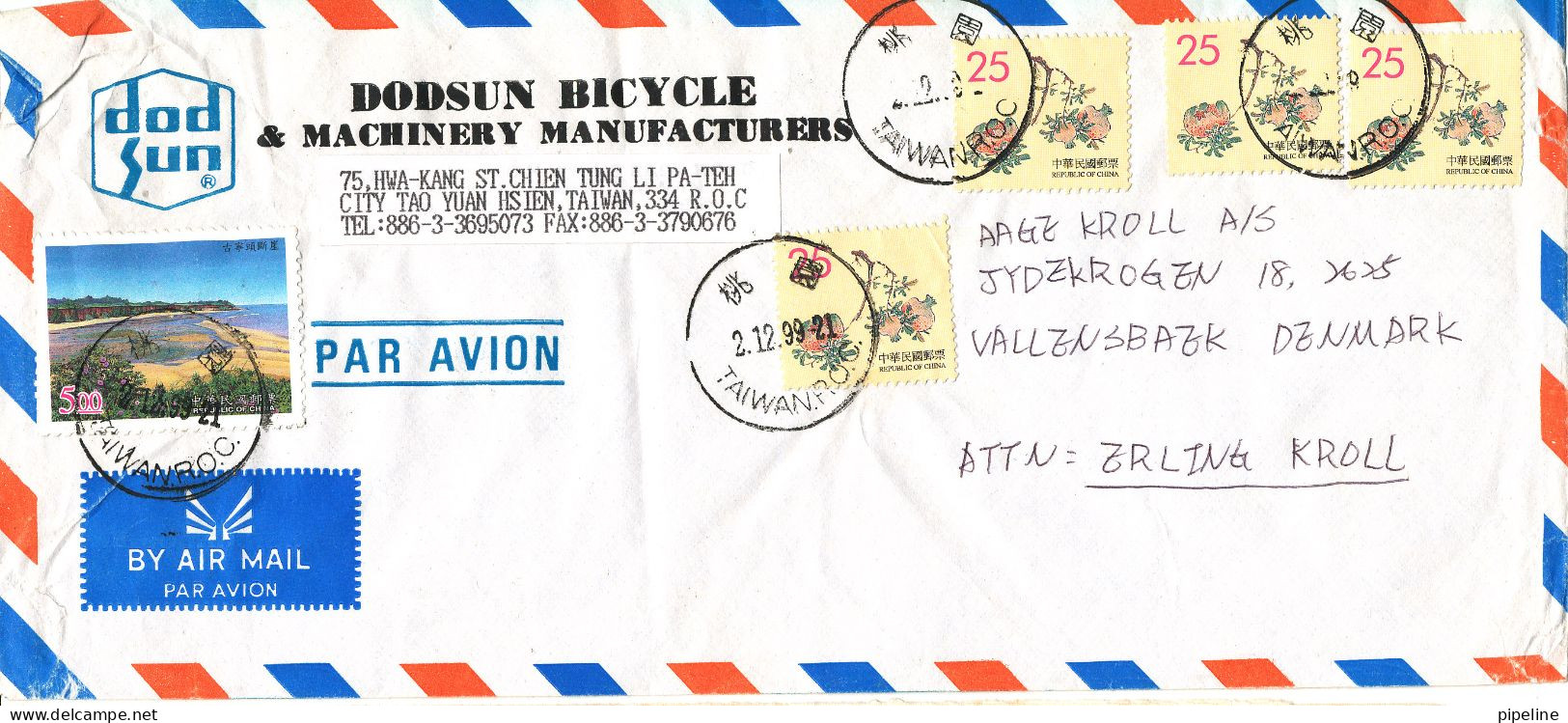 Taiwan Air Mail Cover Sent To Denmark 2-12-1999 With More Topic Stamps Folded Cover - Luftpost