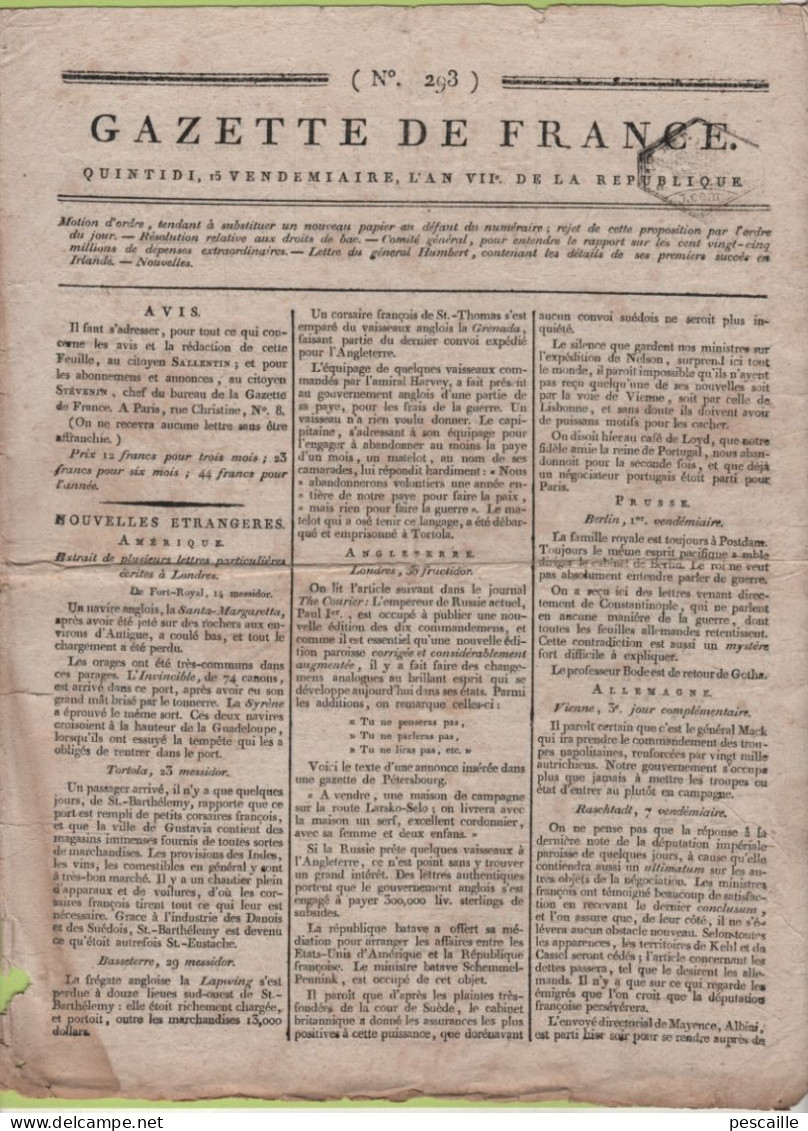 GAZETTE DE FRANCE 15 VENDEMIAIRE AN 7 - LORIENT - IRLANDE Gal HUMBERT CASTELBAR - ILE ST BARTHELEMY CORSAIRES - TORTOLA - Kranten Voor 1800