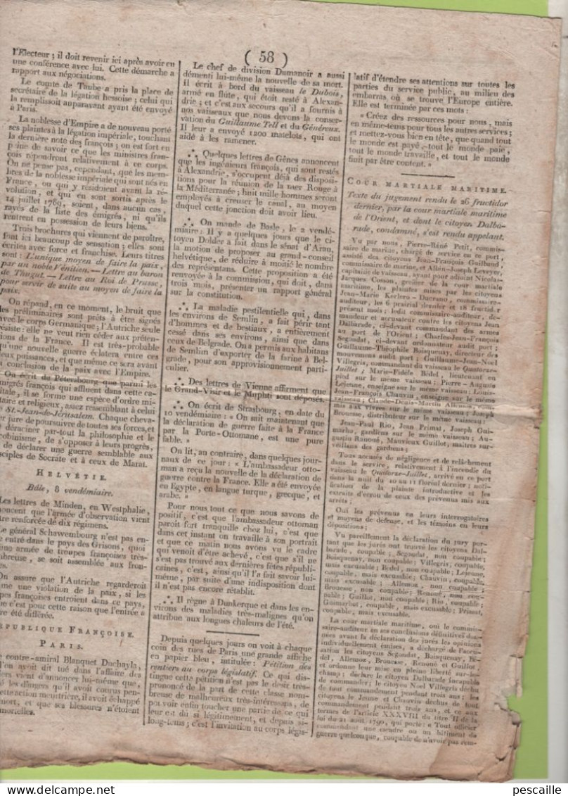 GAZETTE DE FRANCE 15 VENDEMIAIRE AN 7 - LORIENT - IRLANDE Gal HUMBERT CASTELBAR - ILE ST BARTHELEMY CORSAIRES - TORTOLA - Kranten Voor 1800