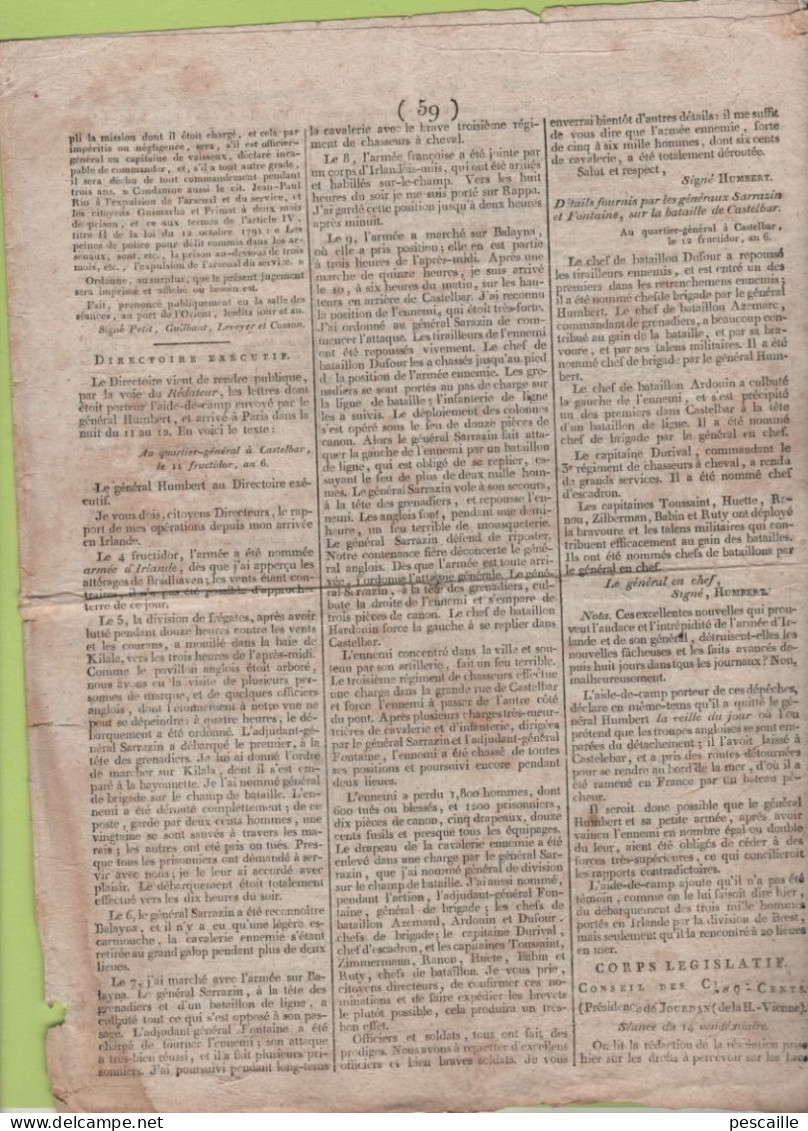 GAZETTE DE FRANCE 15 VENDEMIAIRE AN 7 - LORIENT - IRLANDE Gal HUMBERT CASTELBAR - ILE ST BARTHELEMY CORSAIRES - TORTOLA - Kranten Voor 1800