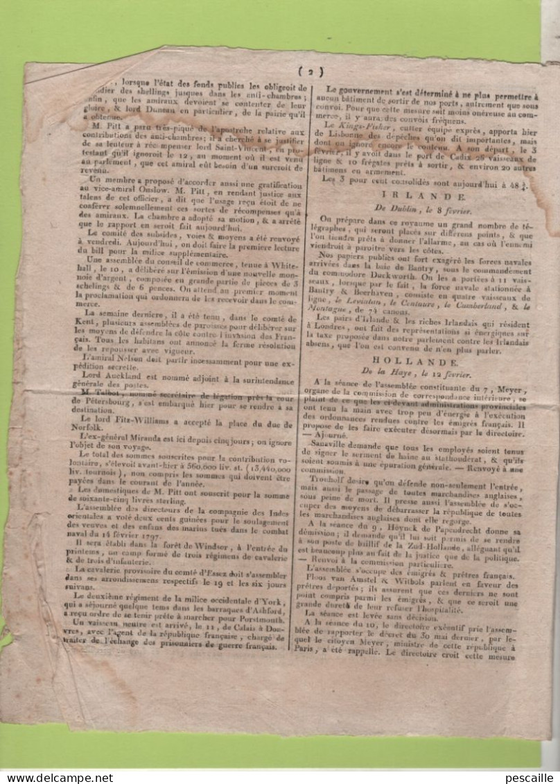 LE PUBLICISTE 22 02 1798 - VIENNE - ALLEMAGNE - ZURICH - IRLANDE TELEGRAPHE - LA HAYE - BRUXELLES - ORLEANS - ELECTIONS - Newspapers - Before 1800