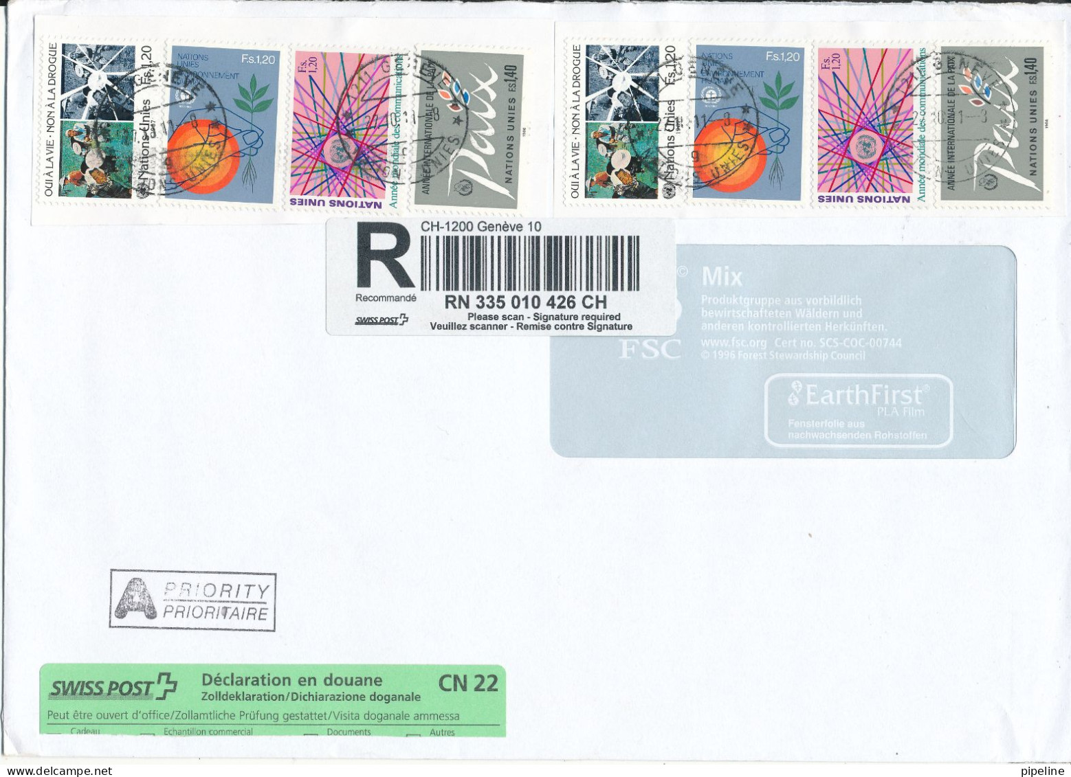 Switzerland UN Geneve Registered Cover Sent To Denmark 27-10-2011 Good Franked (big Size Cover) - Covers & Documents