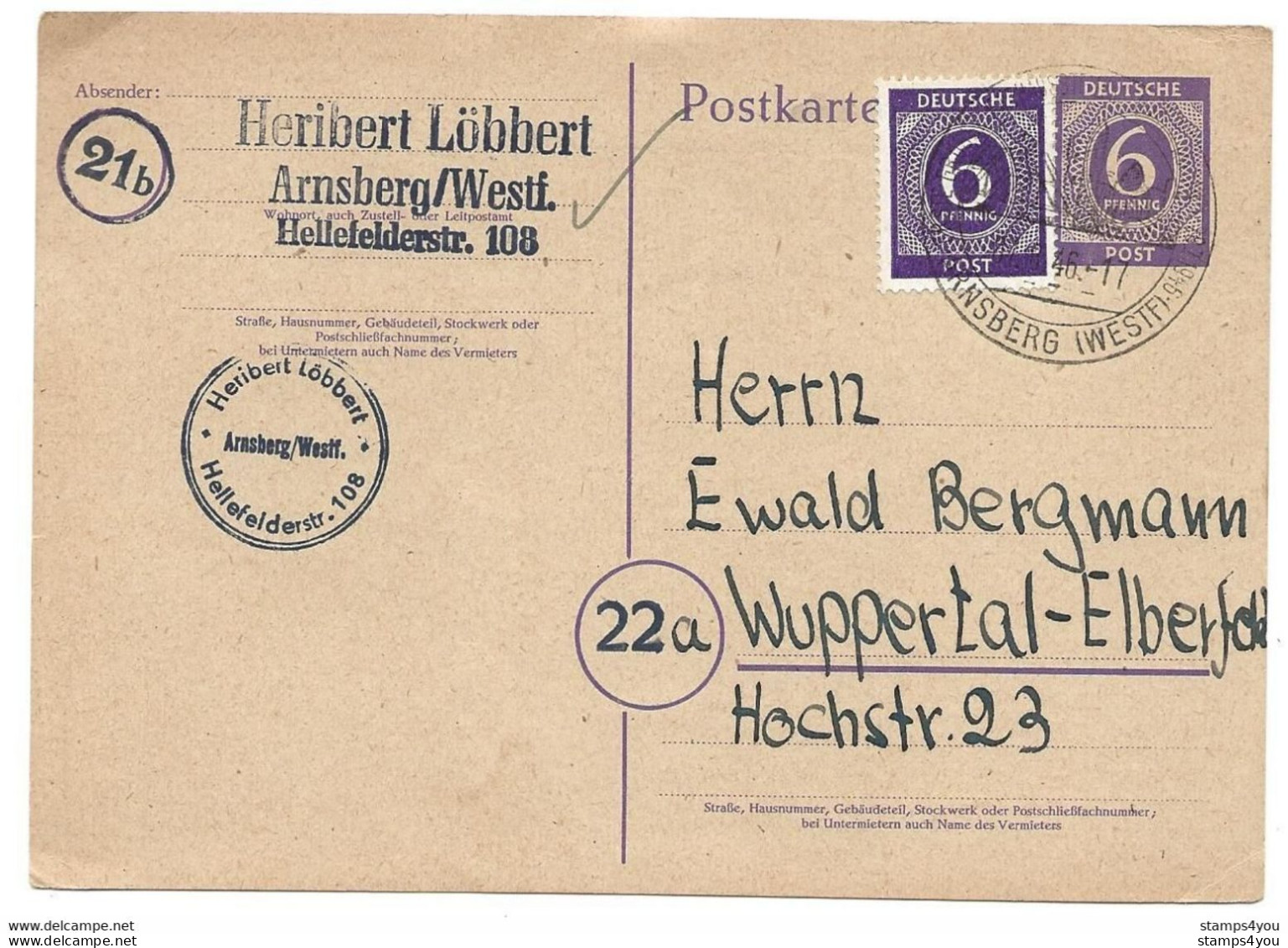 138 - 94 - Entier Postal Avec Affranchissemetn Complémentaire Envoyé De Arnsberg 1946 - Entiers Postaux