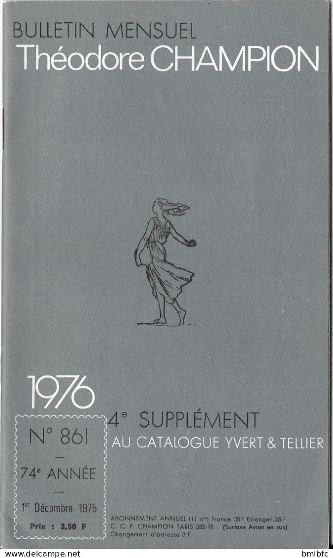 BULLETIN MENSUEL Théodore CHAMPION N° 861     - 1er Décembre 1975   (42 Pages) - Francia