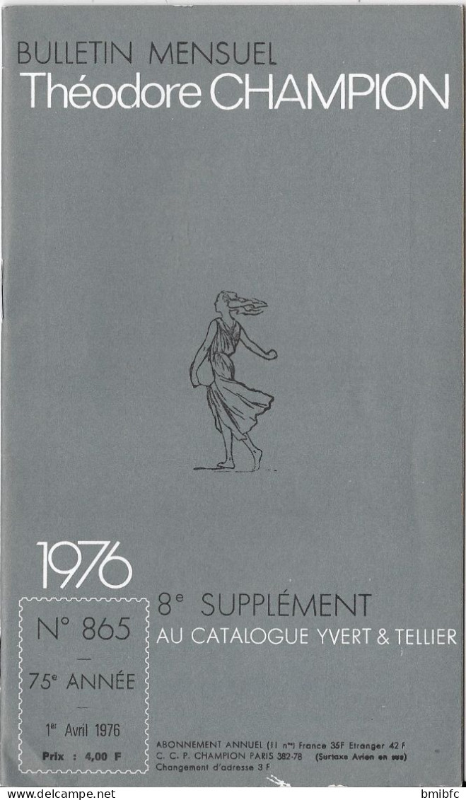 BULLETIN MENSUEL Théodore CHAMPION N° 865   - 1er Avril 1976  (30 Pages) - Francia