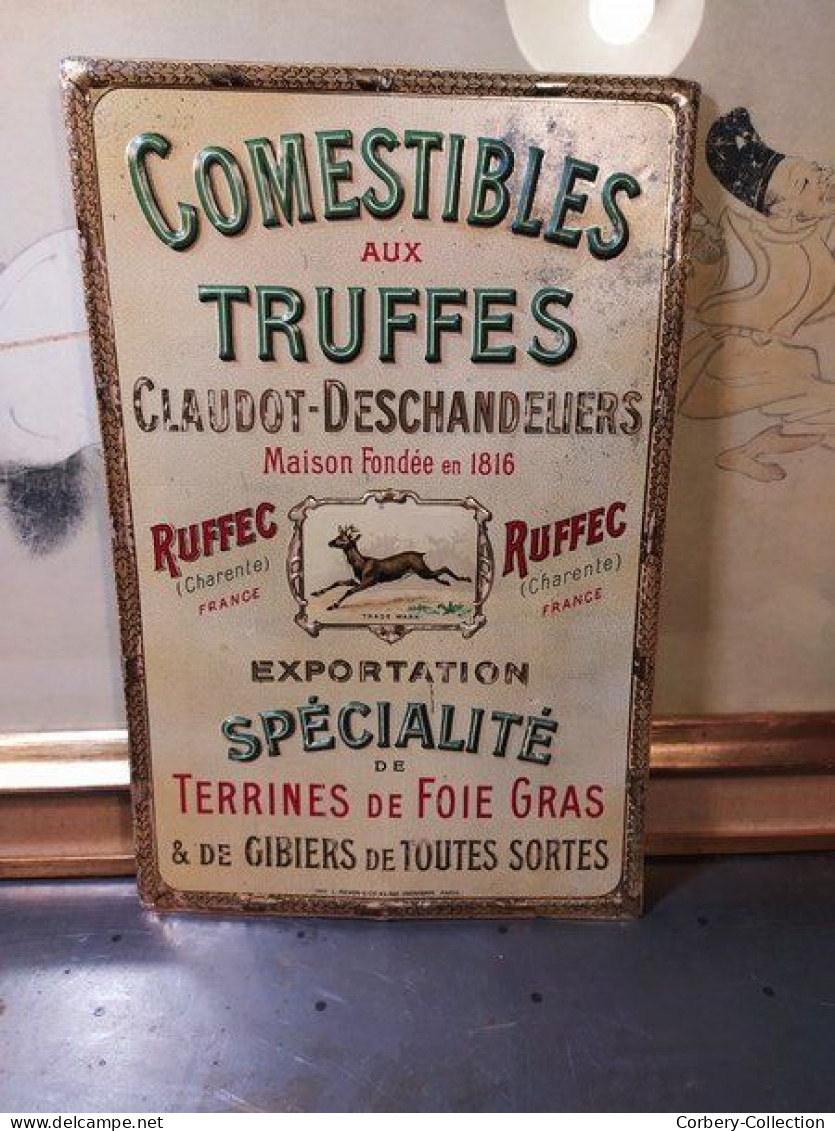 Plaque Tôle Lithographiée 1900 Truffes Ruffec Claudot-Deschandeliers (Charente)