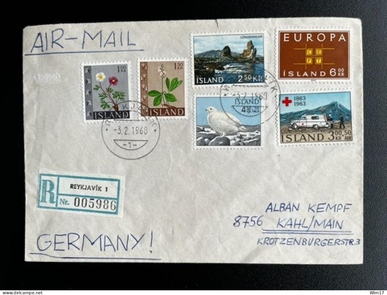 ICELAND ISLAND 1968 REGISTERED AIR MAIL LETTER REYKJAVIK TO KAHL AM MAIN 03-02-1968 IJSLAND - Briefe U. Dokumente