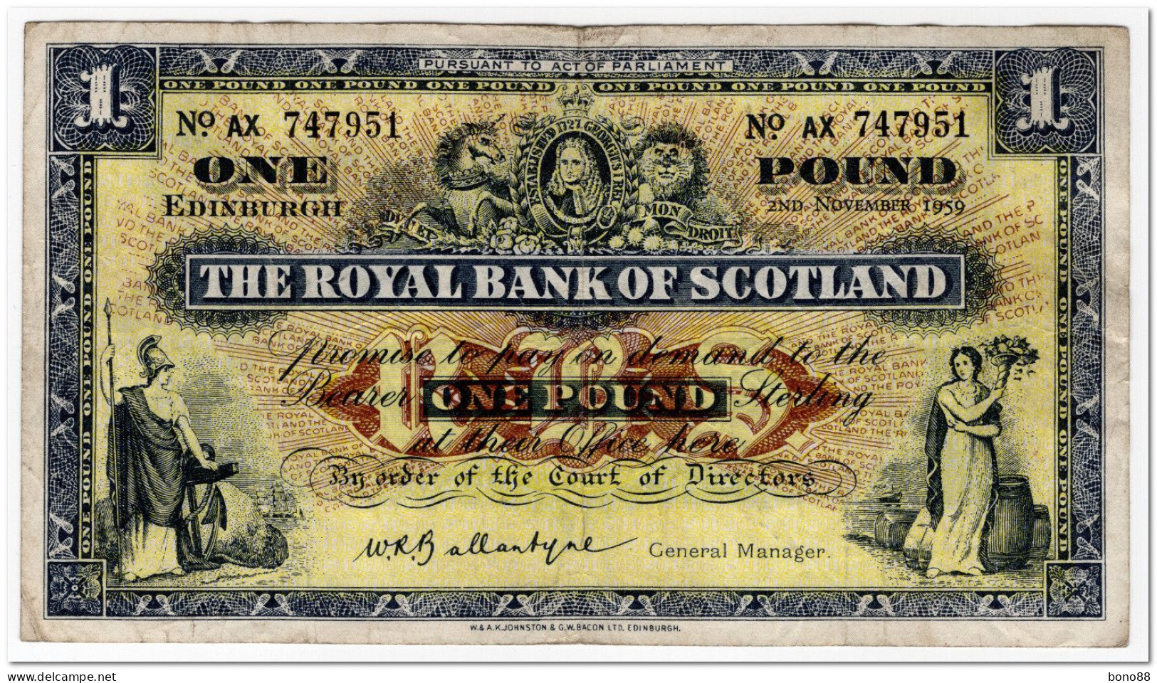 SCOTLAND,THE ROYAL BANK OF SCOTLAND,1 POUND,1959,P.324b,F-VF - 1 Pond