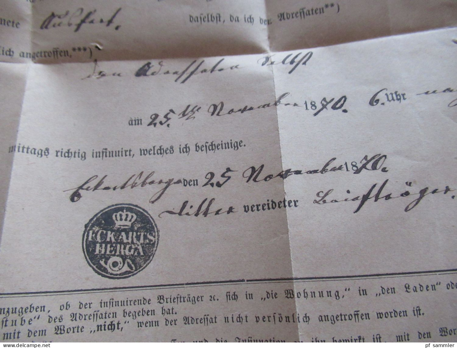 AD Sachsen 1869 und 1870 2x Post Behändigungs Schein und 1x Faltbrief Ohne Inhalt! Stempel K1 Eckartsberge