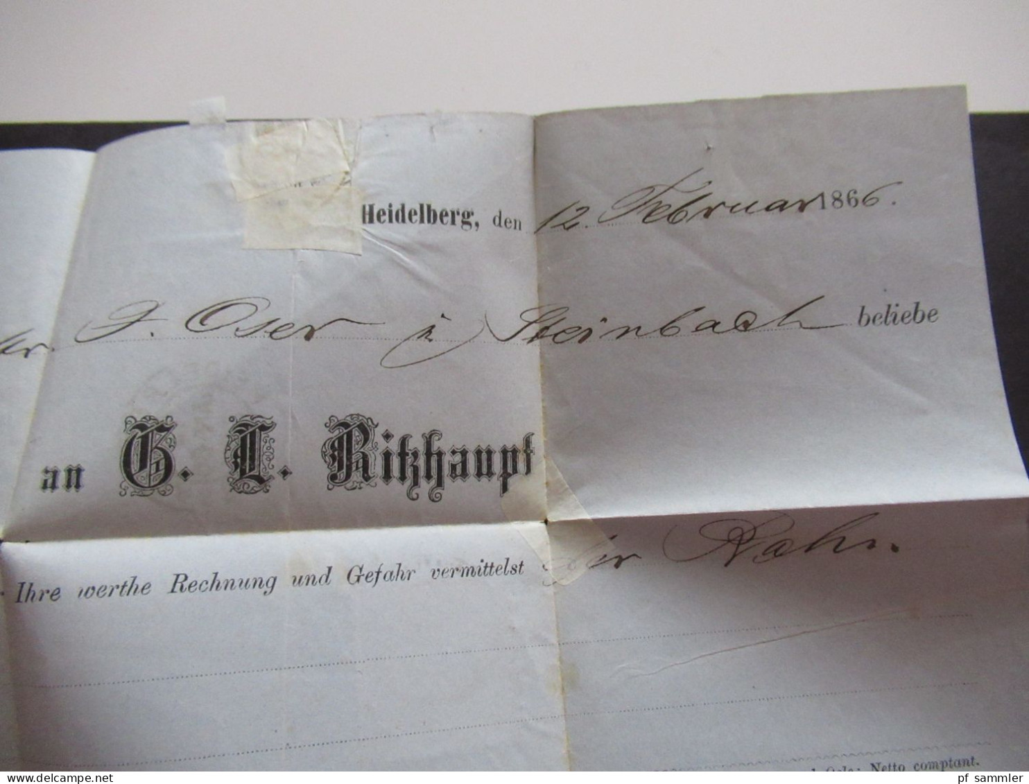 AD Baden Mi.Nr.18 EF 1866 Faltbrief mit Inhalt gedruckte Rechung Ritzhaupt Heidelberg