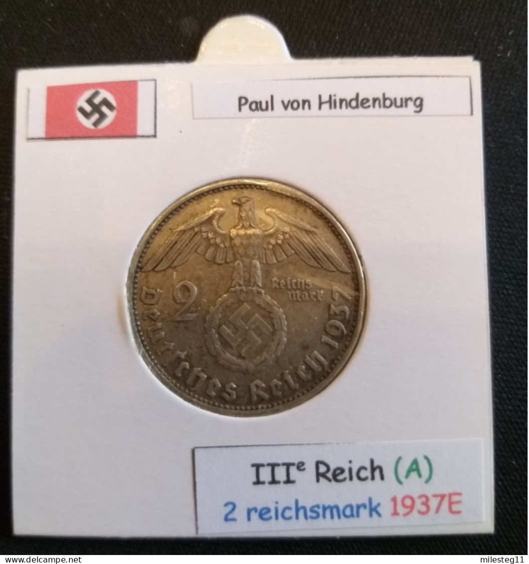 Pièce De 2 Reichsmark De 1937E (Muldenhütten) Paul Von Hindenburg (position A) - 2 Reichsmark