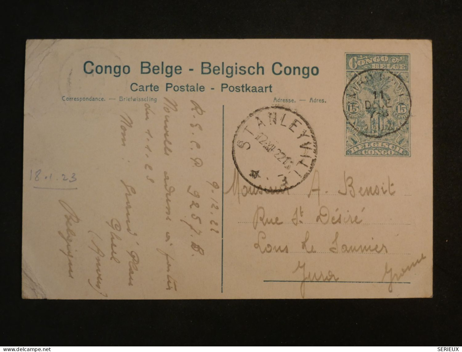 C CONGO BELGE BELLE CARTE  1922 STANLEYVILLE A LONS LE SAULNIER FRANCE +SURCHARGES +AFFR. INTERESSANT+++ - Briefe U. Dokumente