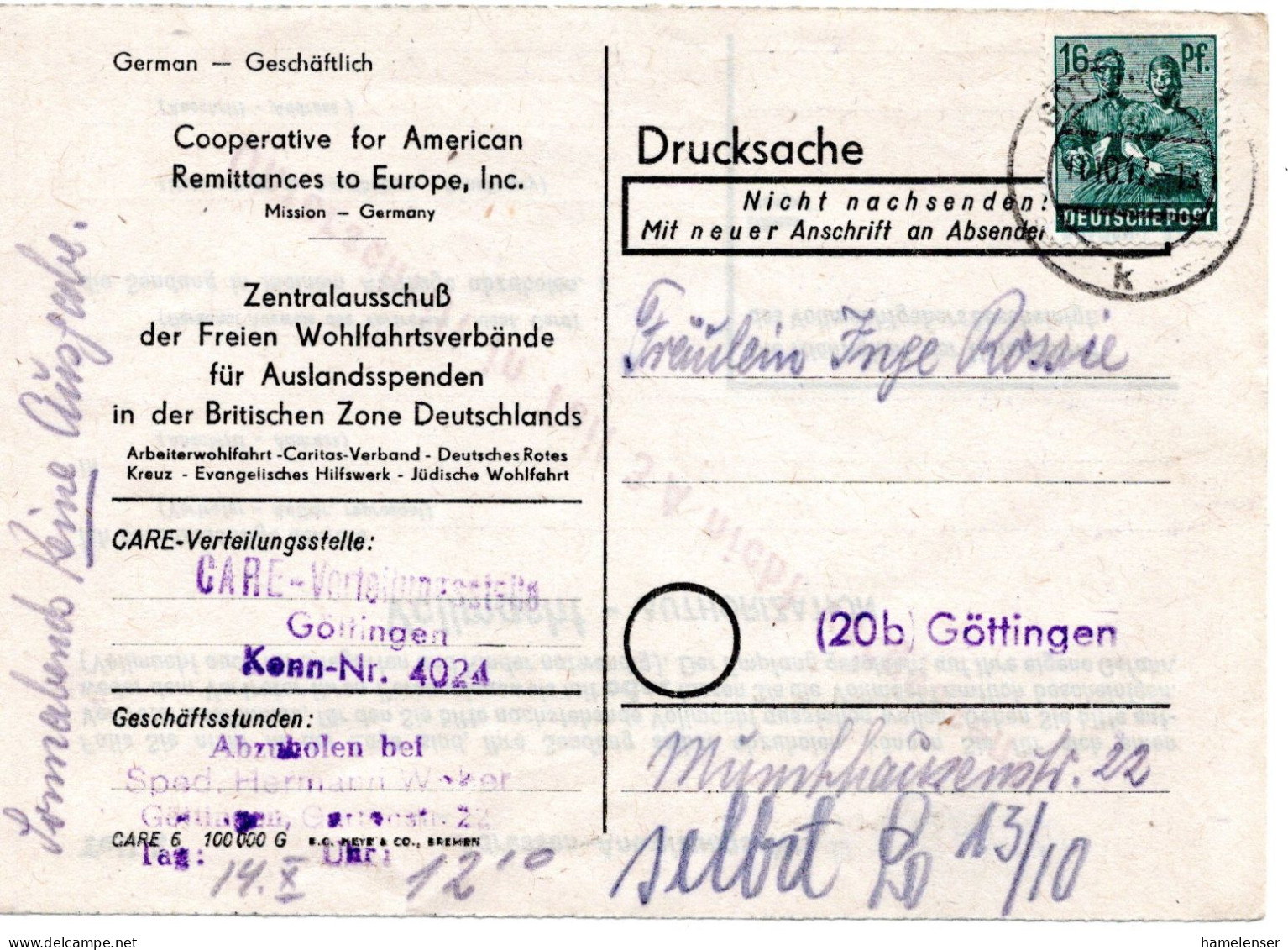 60943 - Alliierte Besetzung - 1947 - 16Pfg Bauern EF A DrucksKte Der CARE-Verteilungsstelle Innerh V GOETTINGEN - Briefe U. Dokumente