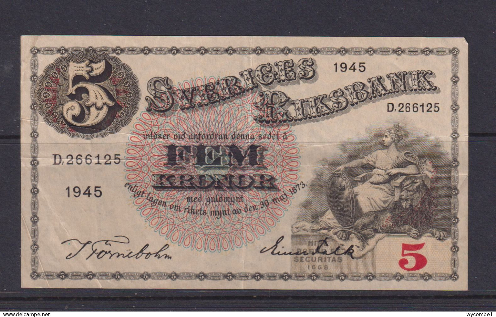 SWEDEN - 1945 5 Kronor Circulated Banknote As Scans - Schweden