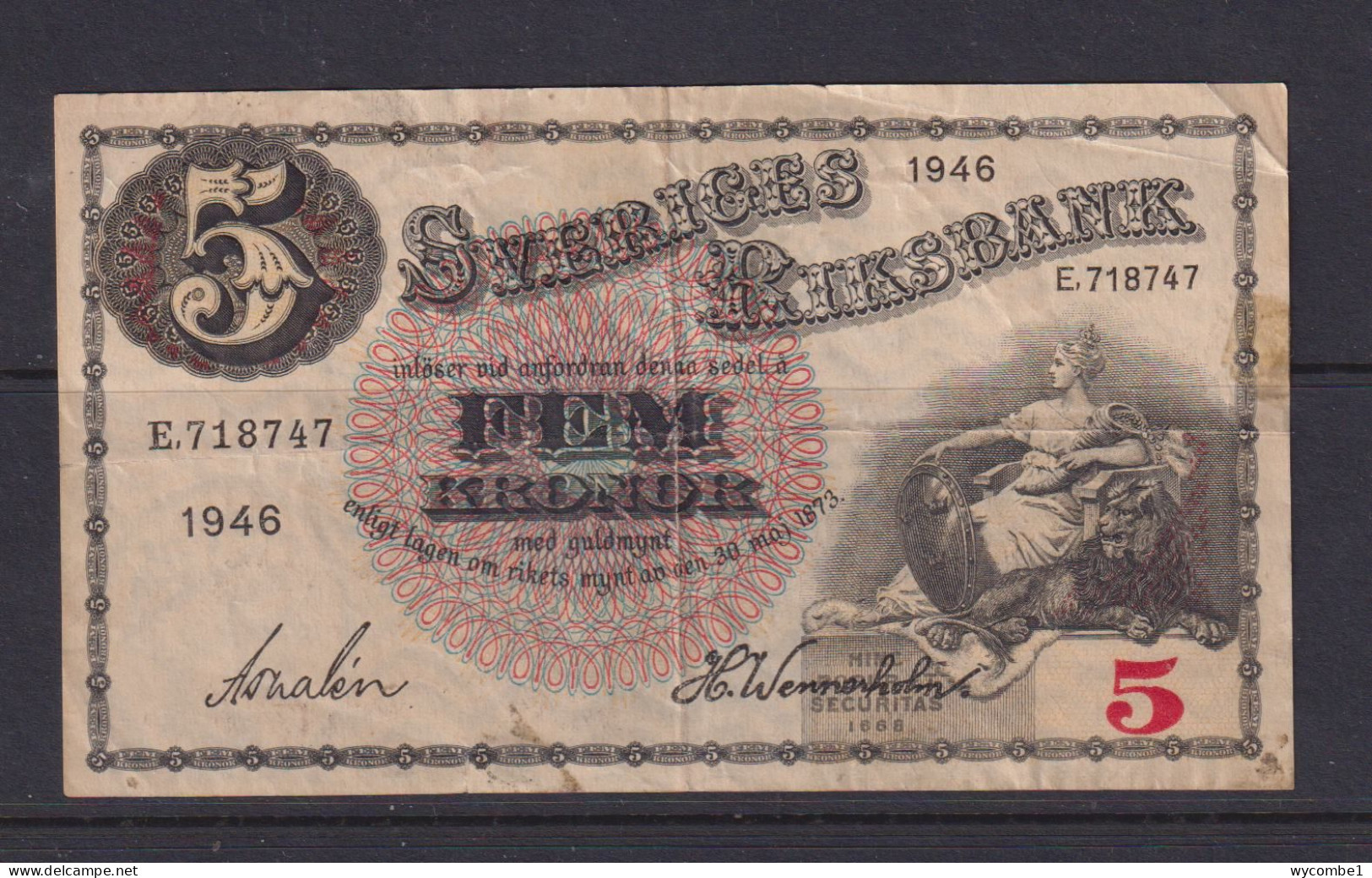 SWEDEN - 1946 5 Kronor Circulated Banknote As Scans (small Tear) - Suecia