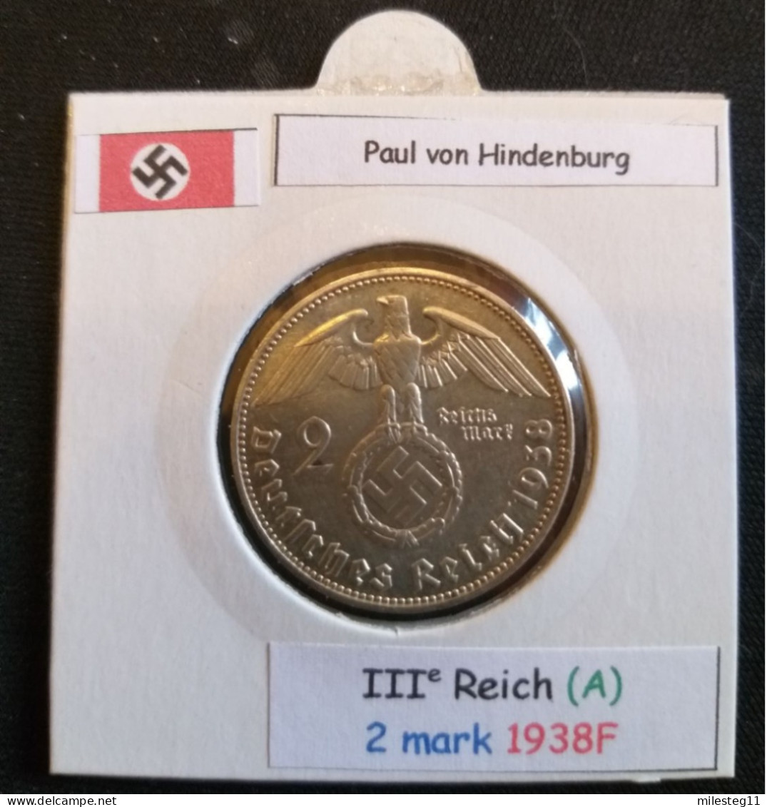 Pièce De 2 Reichsmark De 1938F (Stuttgard) Paul Von Hindenburg (position A) - 2 Reichsmark