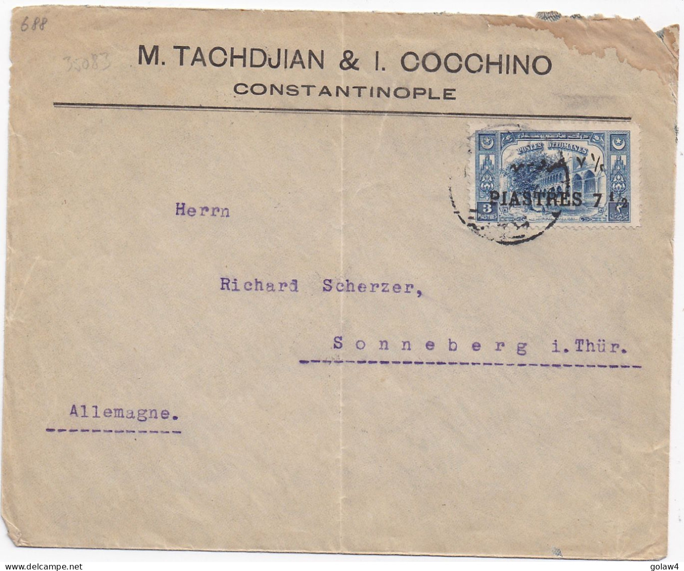 35083# LETTRE CONSTANTINOPLE Au Dos STAMBOUL DEPART 1922 Pour SONNEBERG THÜRINGE - Brieven En Documenten