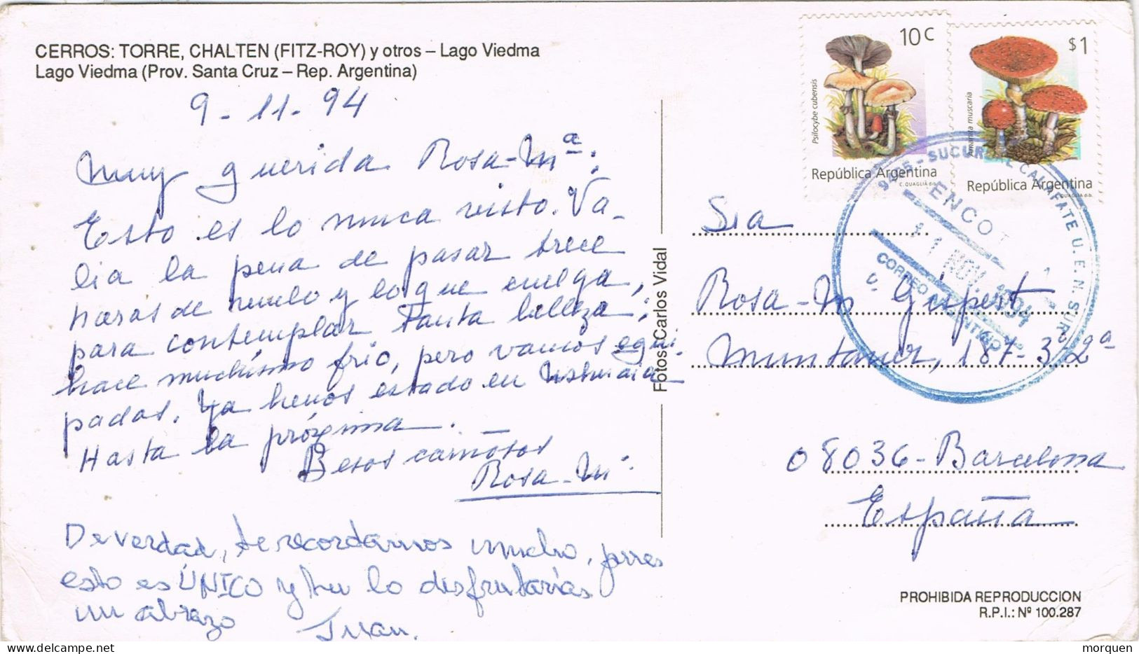 52957. Postal Panoramica Aerea CALAFATE (argentina) Patagonia 1994. Vistas Lago VIEDMA - Briefe U. Dokumente