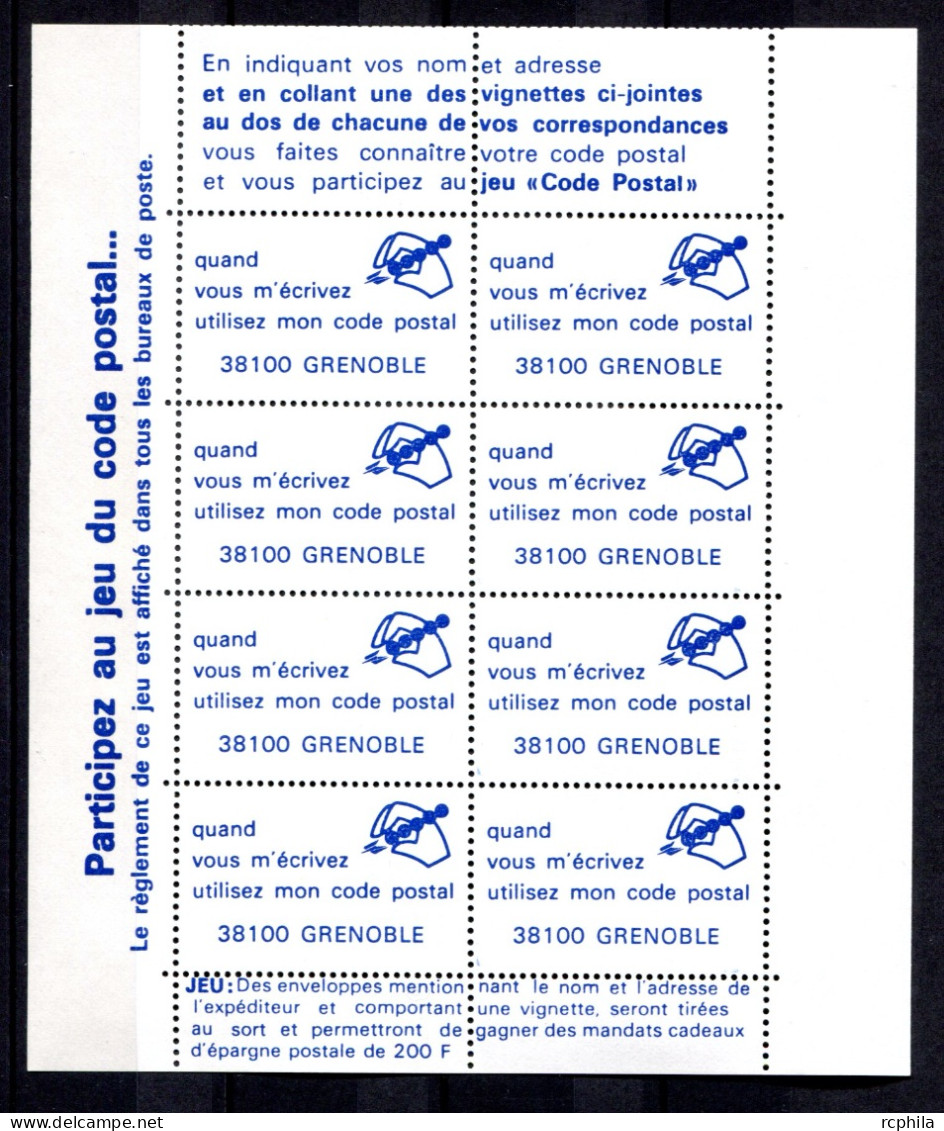 RC 26637 FRANCE CODE POSTAL GRENOBLE 38100 INSCRIPTIONS MARGE GAUCHE BLOC FEUILLET DE 8 VIGNETTES NEUF ** - Blocks Und Markenheftchen