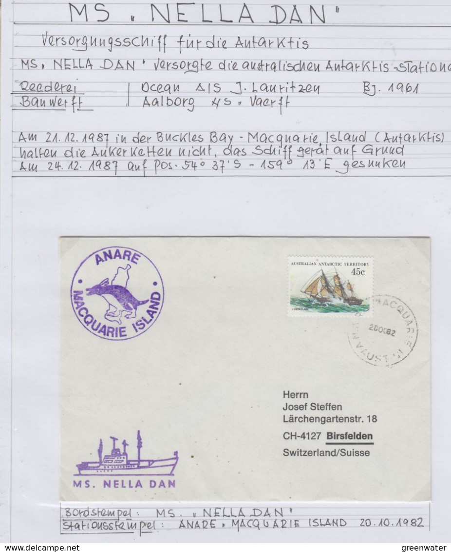 AAT  Ship Visit MS Nella Dan Ca Anare Ca Macquerie 20.10.1982 (AS165) - Cartas & Documentos