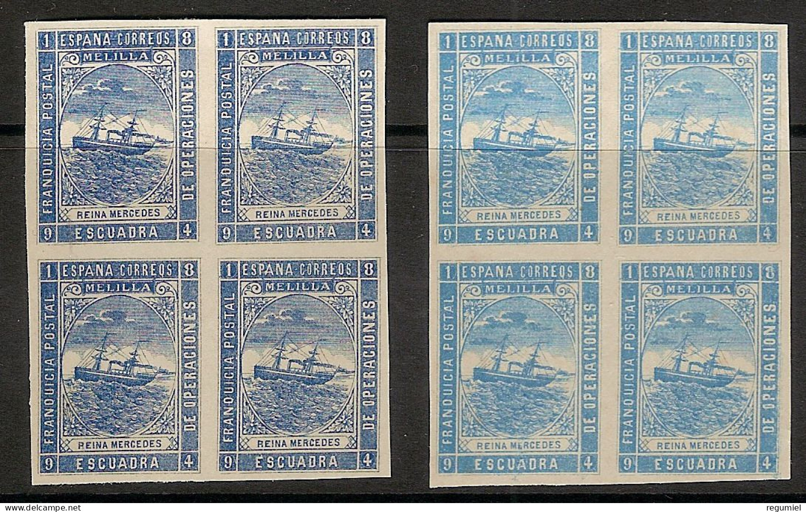 Franquicia Militar Melilla 10s (*)  Marina De Guerra. 1894. Bloques De 4 Variedad De Color - Franchise Militaire