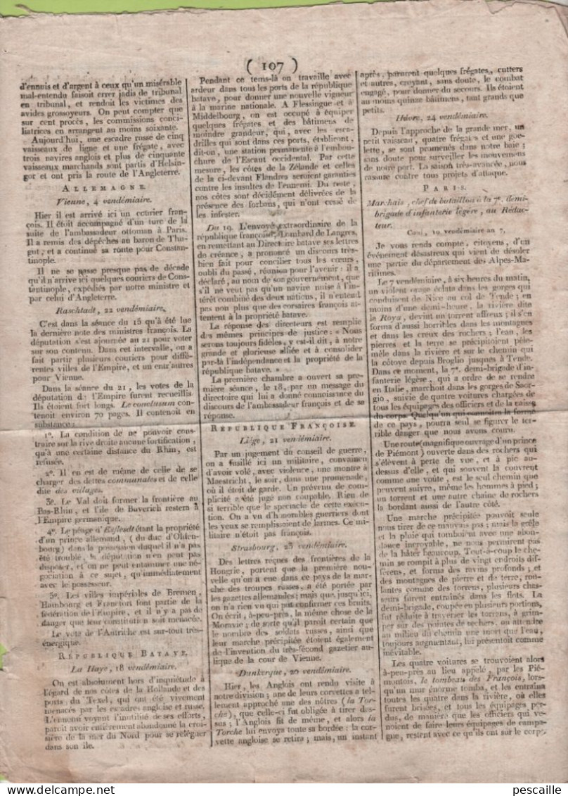 GAZETTE DE FRANCE 27 VENDEMIAIRE AN 7 - ECOSSE - IRLANDE - TURQUIE BUCAREST SEMLIN IASI - SARDAIGNE - COIRE - LUCERNE - Periódicos - Antes 1800