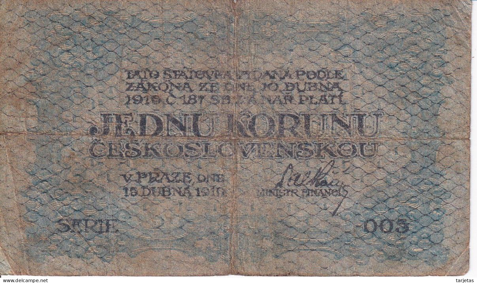 BILLETE DE CHECOSLOVAQUIA DE 1 KORUNA DEL AÑO 1919  (BANKNOTE) - Tchécoslovaquie