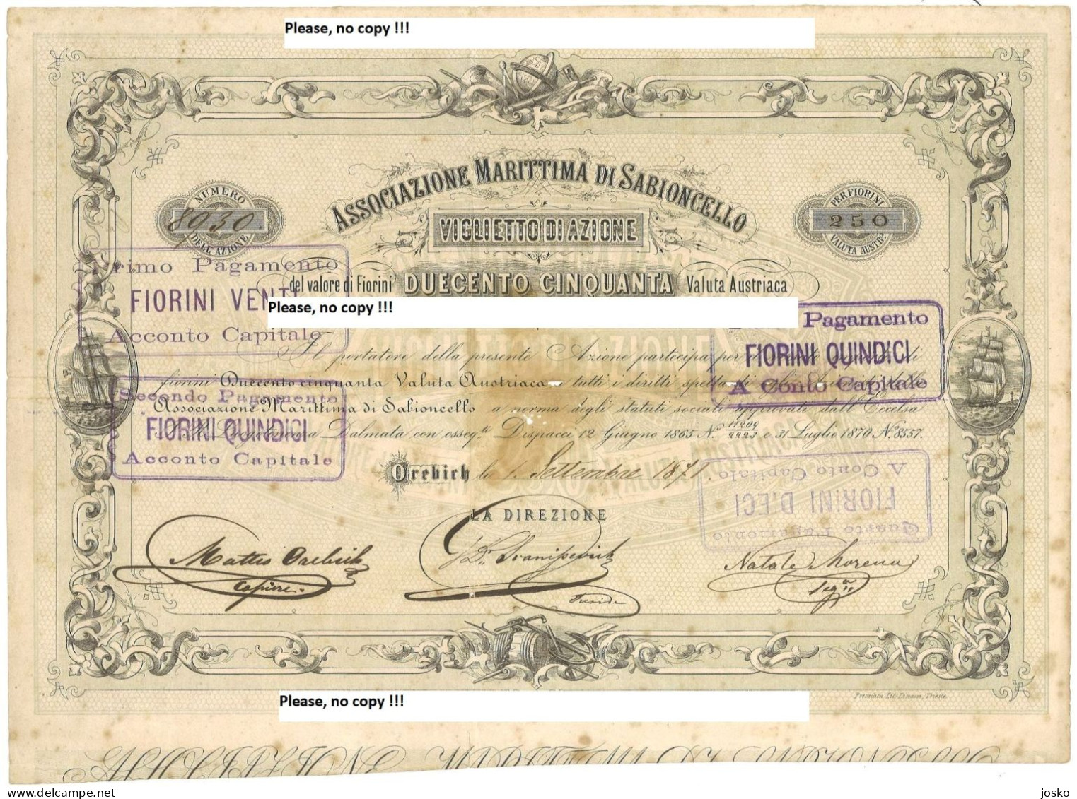 PELJEŠKO POMORSKO DRUŠTVO OREBIĆ (Peljesac Maritime Society) Associazione Marittima Di Sabioncello Croatia Share 1871.y. - Verkehr & Transport