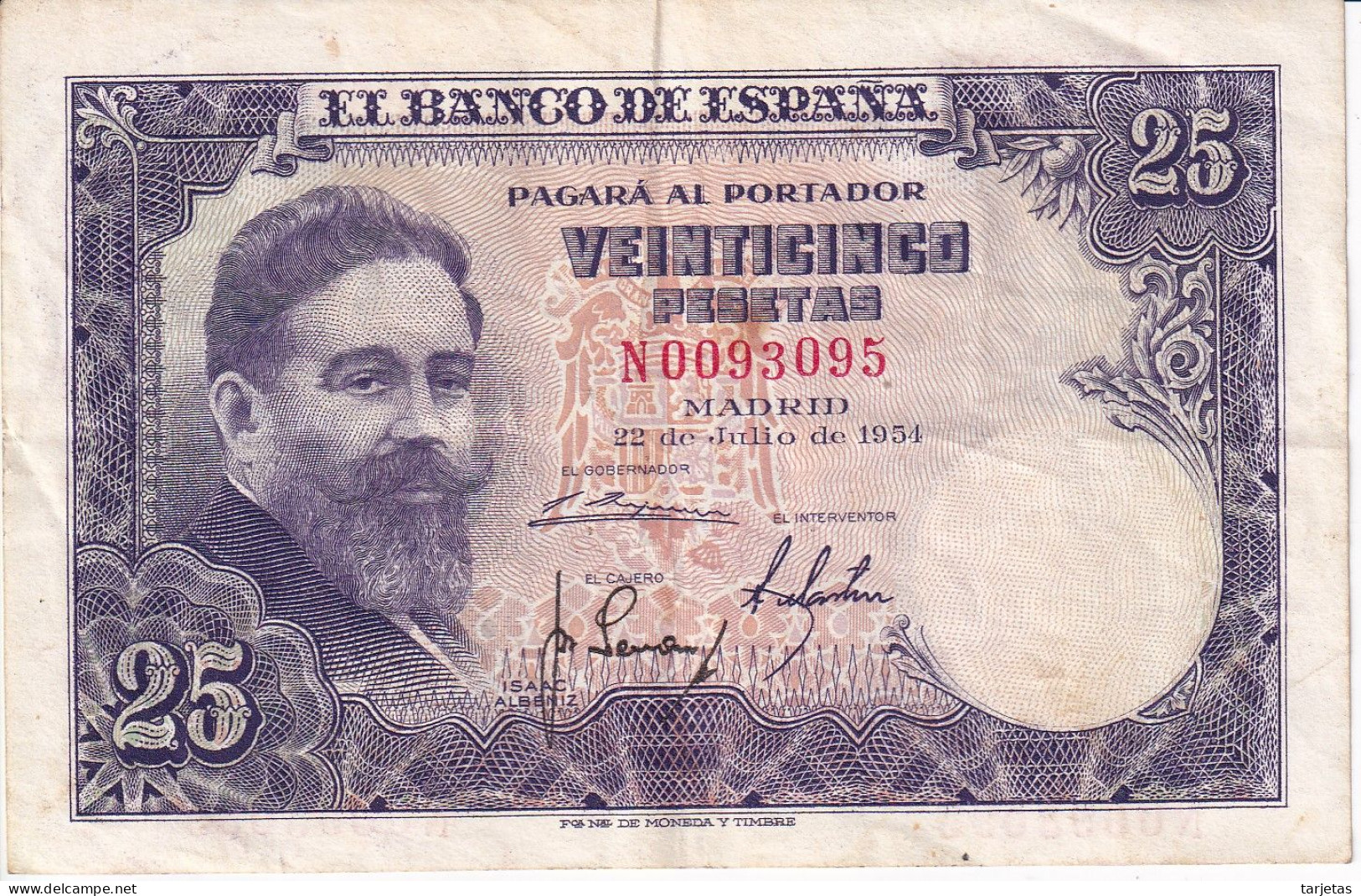 BILLETE DE ESPAÑA DE 25 PTAS DEL AÑO 1954 SERIE N (BANKNOTE) - 25 Pesetas