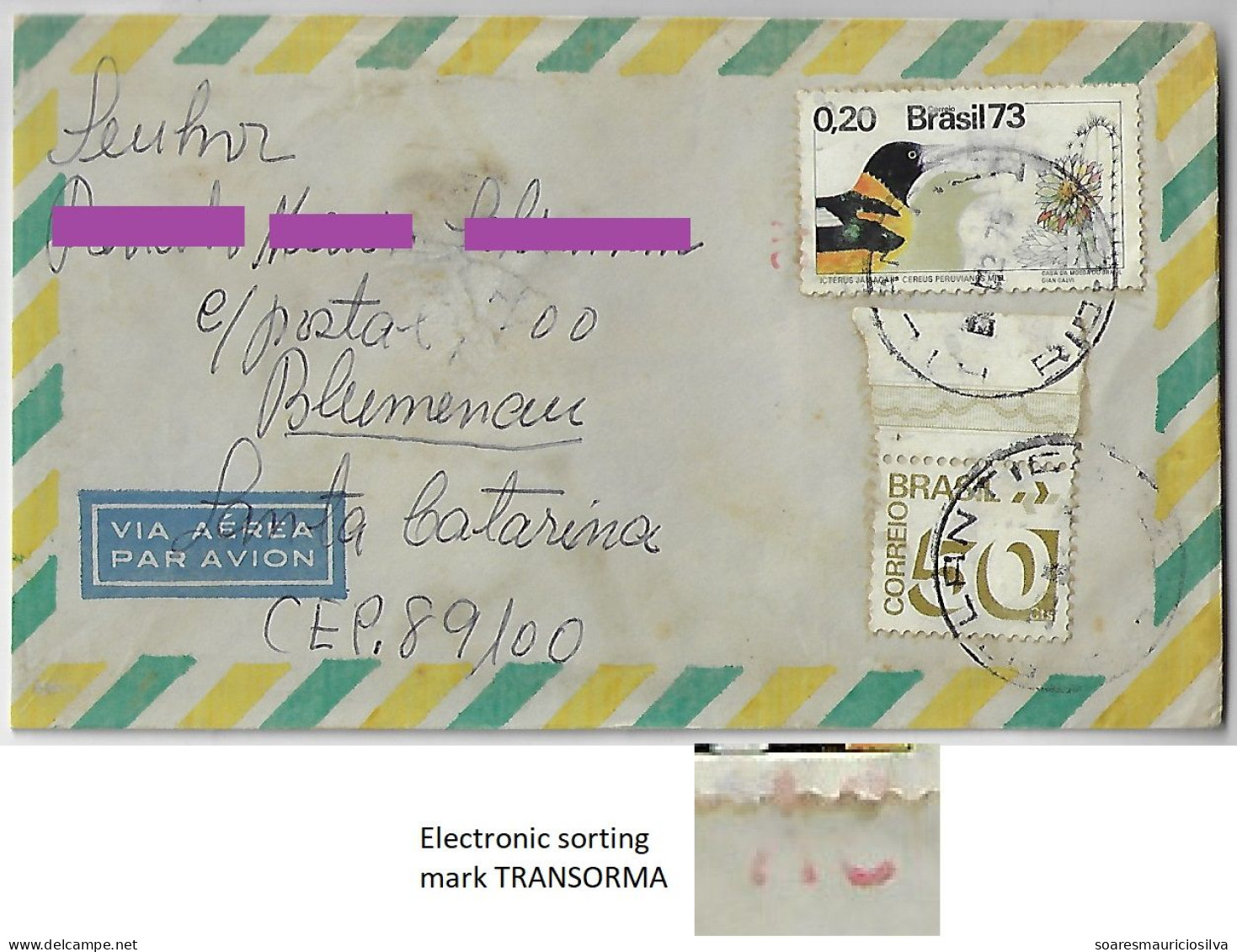 Brazil 1975 Cover From Rio De Janeiro To Blumenau Stamp Bird / Cactus + Definitive Electronic Sorting Mark Transorma AC - Briefe U. Dokumente