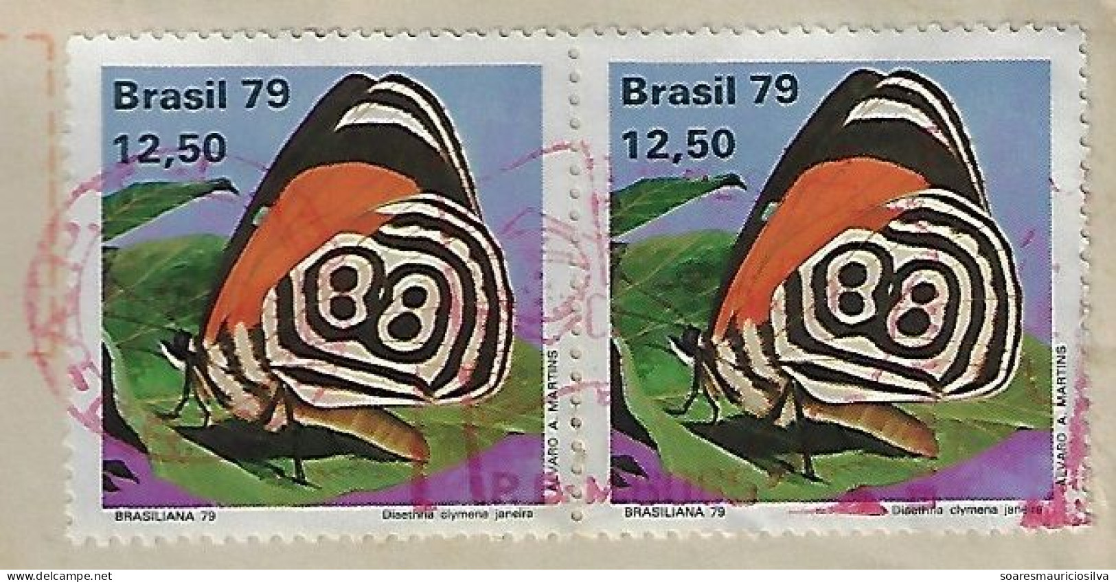 Brazil 1979 Registered Cover From Lages To Blumenau Pair Of Stamp Cramer's 88 Butterfly Insect Cancelled By Meter Stamp - Briefe U. Dokumente