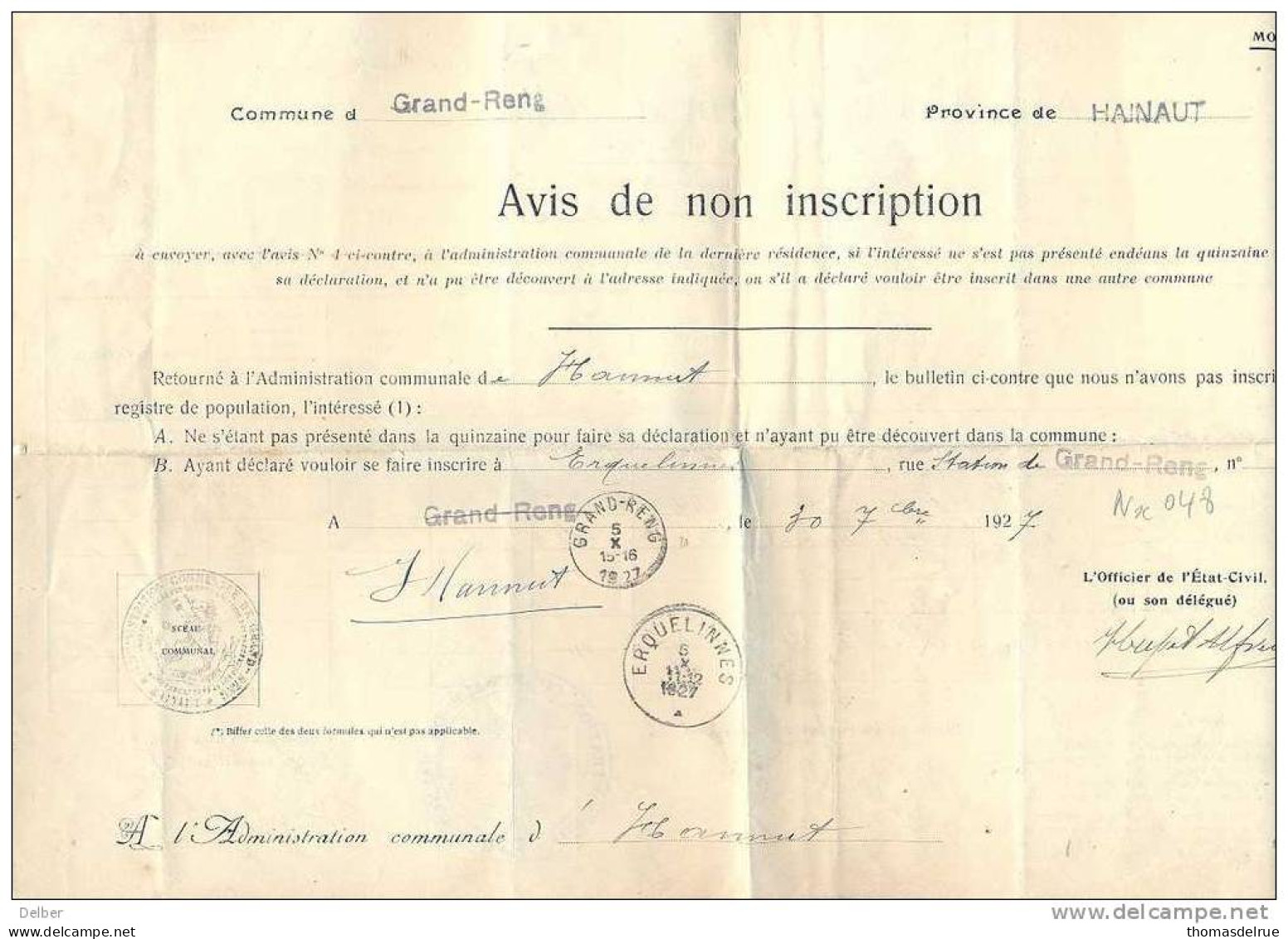 _Nx048: AVIS DE NON INCRIPTION : GRAND-RENG 5 X 1927 > ERQUELINNES 6 X 1927 ... - Franchise