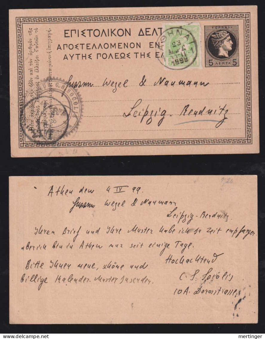 Greece 1899 Uprated Stationery Postcard ATHENS X LEIPZIG Germany - Cartas & Documentos